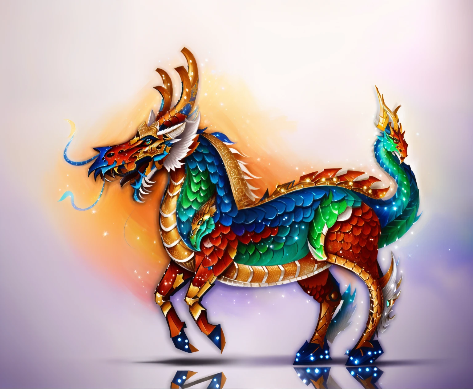 Painting of a colorful horse with long horns and tail., Mythical creatures, Mythical Creatures, a dragon, anthropomorphic dragon, as an anthropomorphic dragon, Dragon Horned Curve!, but as an anthropomorphic dragon, Chinese dragon, smooth chinese dragon, Color painting, Dragon with scars, Full color painting, chinese dragon concept art