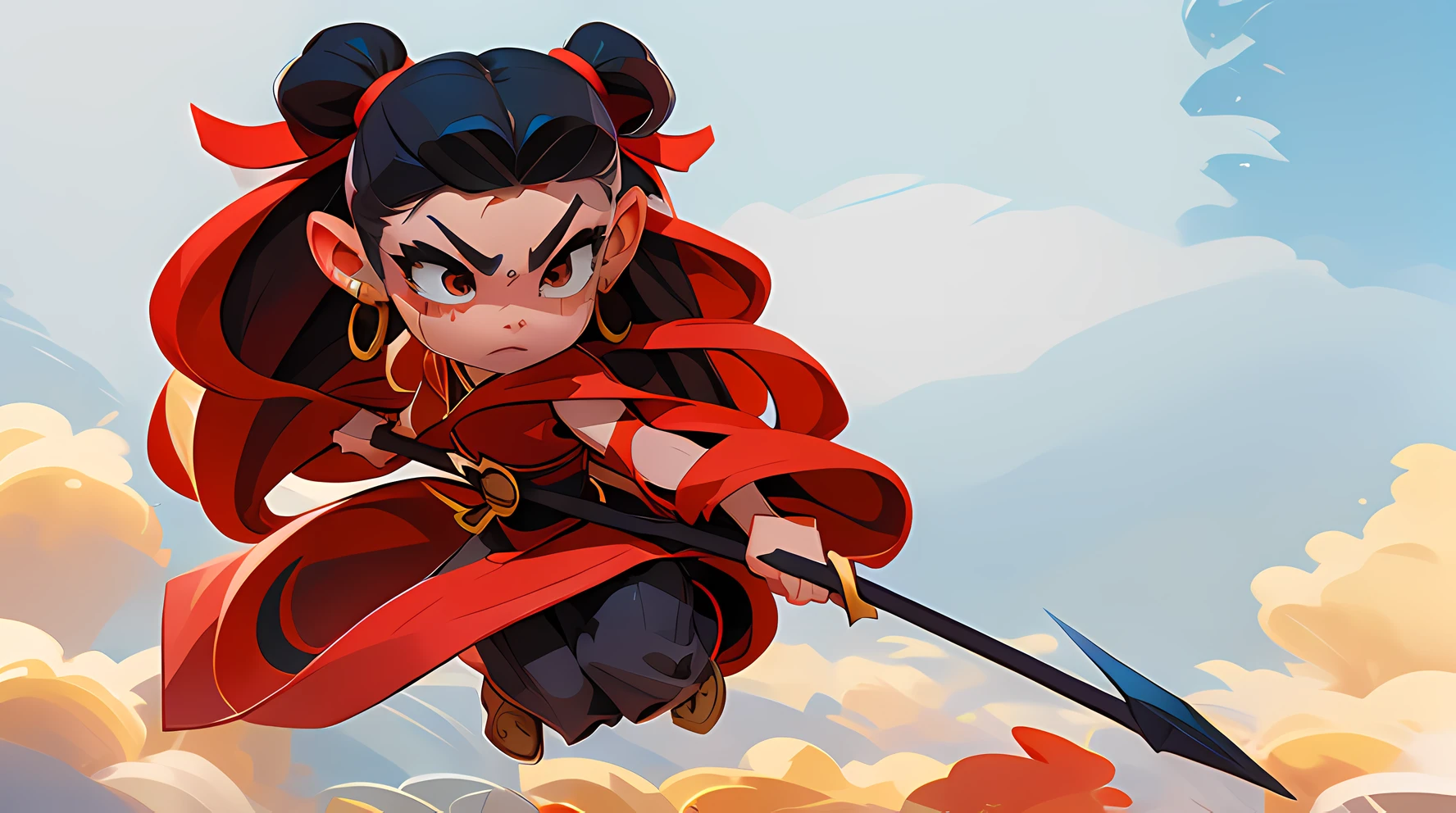 1girl, blood on face, angry, holding spear, (flying), chinese mythology,cloudy, detailed sky, abstract background, (flame_surge_style:0.5)