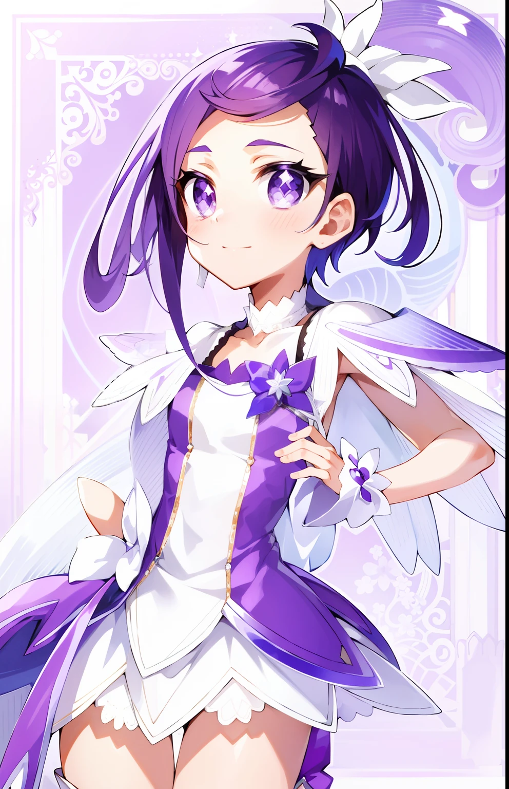 Anime boy with purple short hair and white and purple dress poses for photo, Portrait of a magical boy, Prince of Amethyst, Official Character Art, Purple boots, Magical Boy, Magical Boy Style, hight resolution, Sparkling Magical Boy, Boy with glowing purple eyes, Wallpaper!, Anime Boy