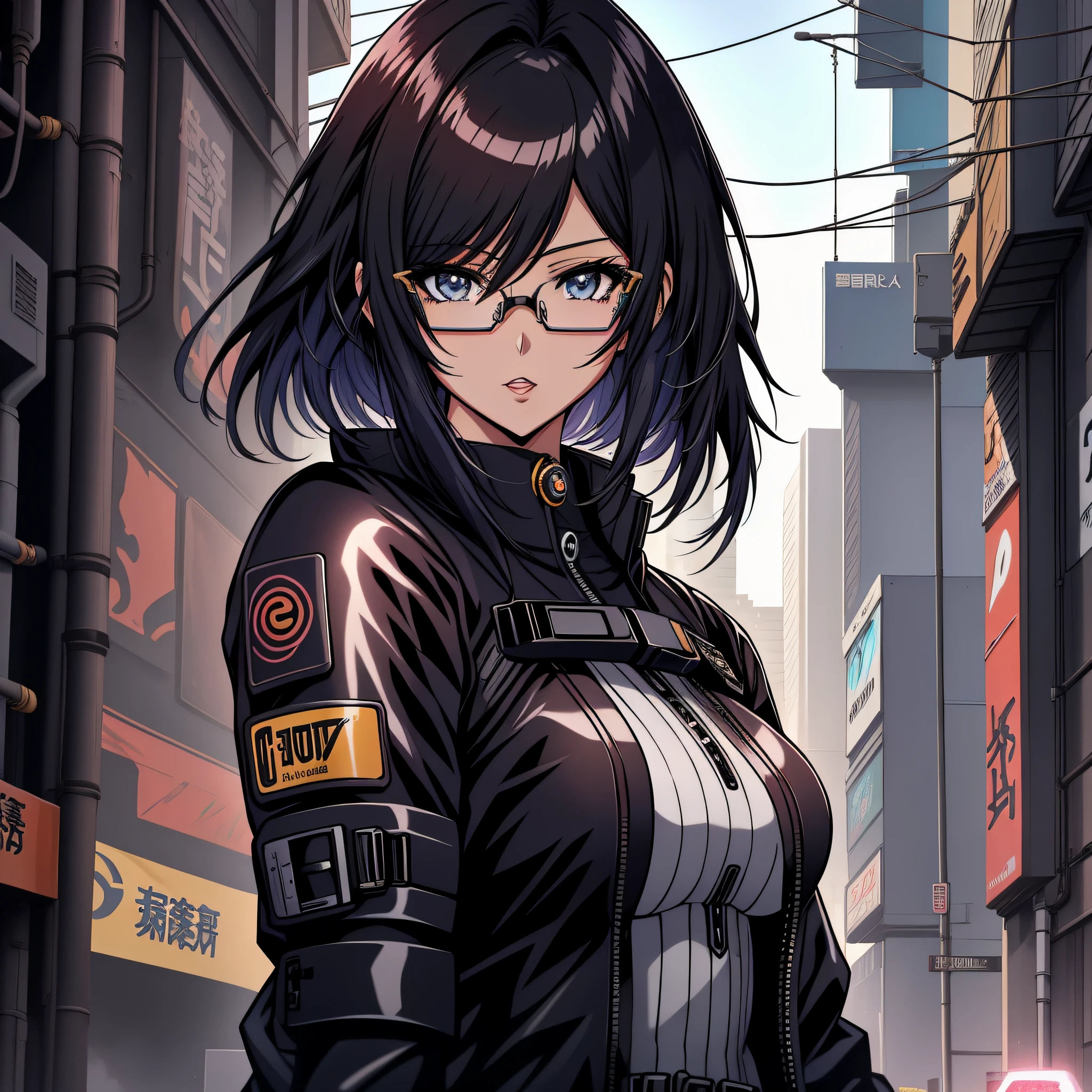 Anime - imagem de estilo 1mulher com olhos azuis e cabelo preto, cabelo preto, sobrancelha grossa, rosto de mulher de 27 anos, jovem de 27 anos, boca fechada, Arte de anime cyberpunk, (boca fechada: 1.5), (二重まぶた), (cabelo preto: 1.3) usando vestido, arte digital do anime cyberpunk, Arte de anime cyberpunk, gama murata e artgerm, eyeglass, roupa futurista, usando vestido, vestido estiloso, Technological dress, transparent spectacle lenses, Artgerm extremamente detalhado, Anime cyberpunk moderno, Artgerm e Atey Ghailan, Artgerm e Genzoman, boca fechada