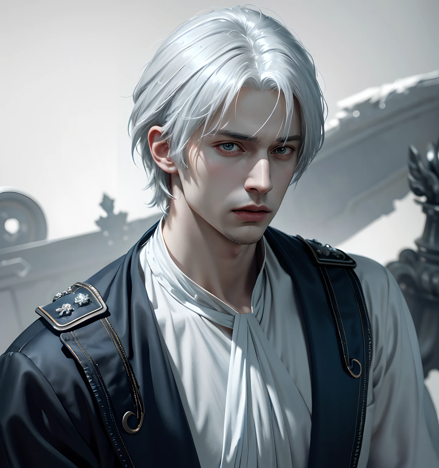 ****ung man, white hair and blue dress and blue cape, androgynous noble, delicate androgynous, handsome, royal elegant pose, 1man, stern look, 6th Century catastrophe, post-apocalypse, solo focus, adult, pale and young adult face, palace, realistic, dynamic pose realistic, detailed and correct facial structure, frost ornaments, LEON S. KENNEDY, cinematic lighting, unreal engine, trending on ArtStation, intricate details, masterpiece, best quality, by Irakli Nadar, Greg Rutkowski，(((best quality))),(((ultra detailed))),(((masterpiece)))