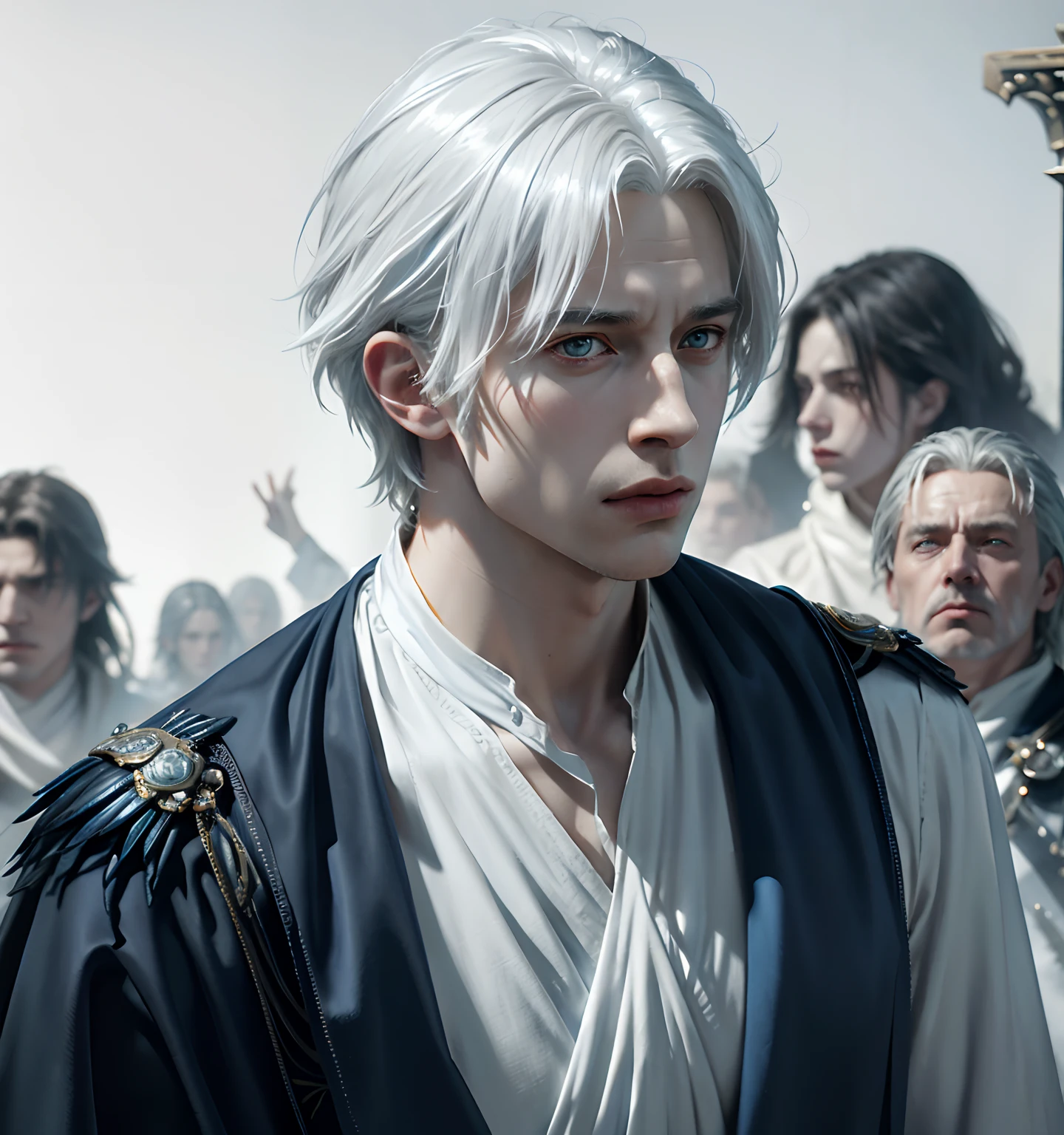 ****ung man, white hair and blue dress and blue cape, androgynous noble, delicate androgynous, handsome, royal elegant pose, 1man, stern look, 6th Century catastrophe, post-apocalypse, solo focus, adult, pale and young adult face, palace, realistic, dynamic pose realistic, detailed and correct facial structure, frost ornaments, LEON S. KENNEDY, cinematic lighting, unreal engine, trending on ArtStation, intricate details, masterpiece, best quality, by Irakli Nadar, Greg Rutkowski，(((best quality))),(((ultra detailed))),(((masterpiece)))