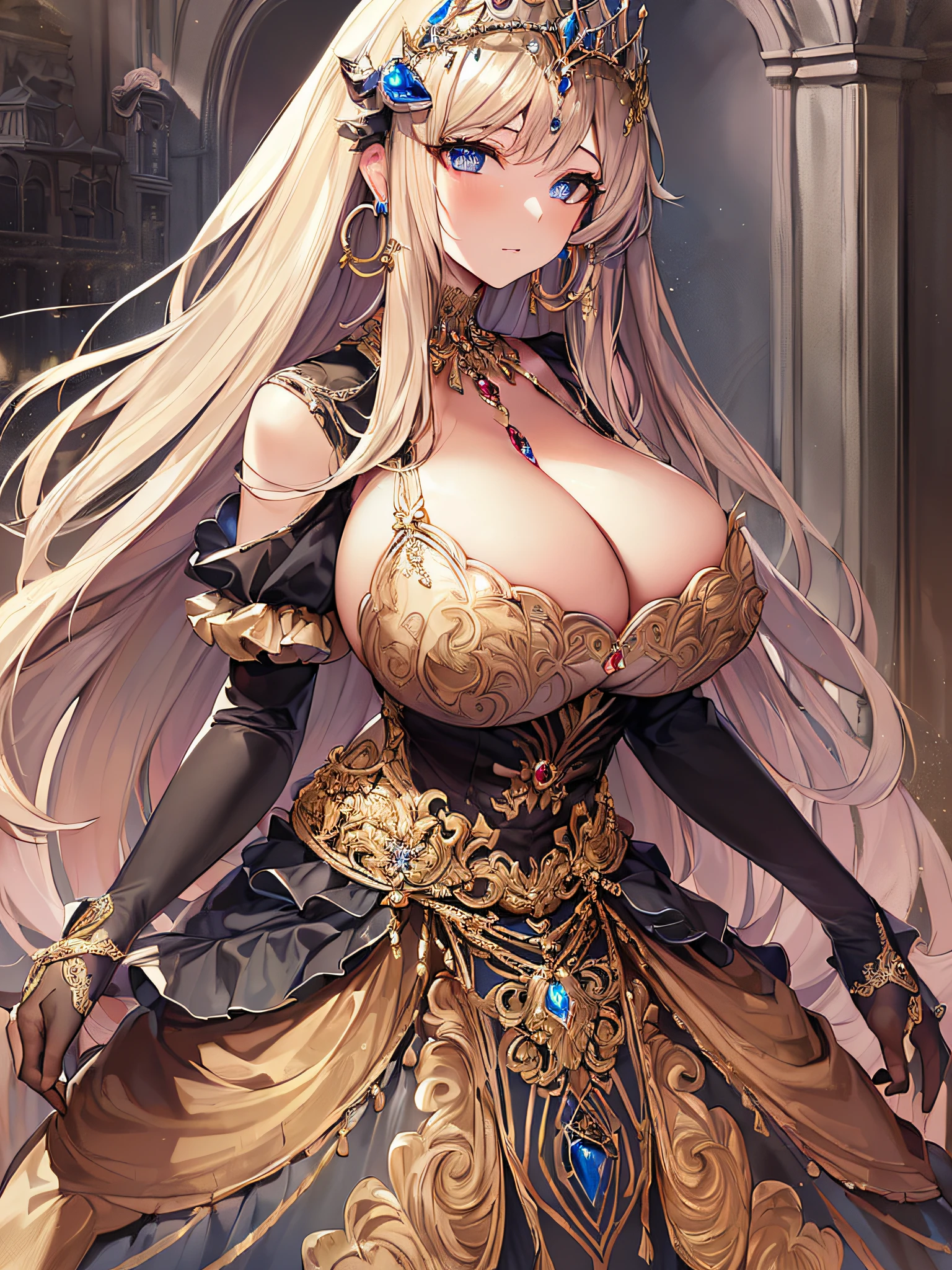 ((anime artstyle)),(Masterpiece),(Best Quality), (Super Detail),((Very Delicate and Beautiful)),(((Solo))),((full body portrait)),(((1 princess in baroque dress with voluminous full length hoop skirt))),((crinoline)),((standing in baroque office)),Long train,(gorgeous gemstone jewelry),detailed face and eyes,jewel-like eyes,((large amount of straight hair,extremely voluminous Very Long Straight Hair)),((gigantic tits,Long tits)),cleavage,extremely gorgeousfull hair ornament,((bling-bling extremely gorgeousfull jeweled tiara)),((Dynamic Angle)),Looking at viewer,(((baroque dress with voluminous full length hoop skirt)))