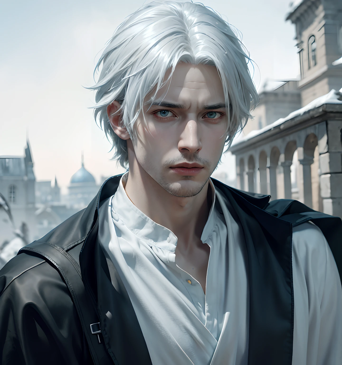 ****ung man, white hair and blue dress and blue cape, androgynous noble, delicate androgynous, handsome, royal elegant pose, 1man, stern look, 6th Century catastrophe, post-apocalypse, solo focus, adult, pale and young adult face, palace, realistic, dynamic pose realistic, detailed and correct facial structure, frost ornaments, LEON S. KENNEDY, cinematic lighting, unreal engine, trending on ArtStation, intricate details, masterpiece, best quality, by Irakli Nadar, Greg Rutkowski，(((best quality))),(((ultra detailed))),(((masterpiece)))