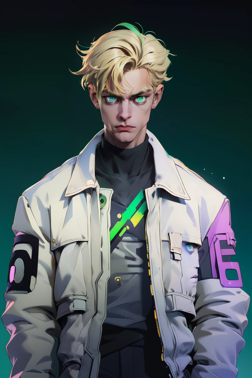 (absurdes, ah high, ultra detialed), 2D, ciberpunk, (1 male), 独奏, youth, Young guy, 23 years old, ah high, skinny shoulders, beutiful, blonde man, extremely short hair, hair styled back, green colored eyes, Shaved side, forehead, angular jaw, European, Thin neck,  ciberpunk, upper-body, The entire upper body is visible, white jacket and turtleneck, gaze at the viewer, stands upright, You can see the entire upper body up to the waist, Cyberpunk Face (Cyber Eyes)