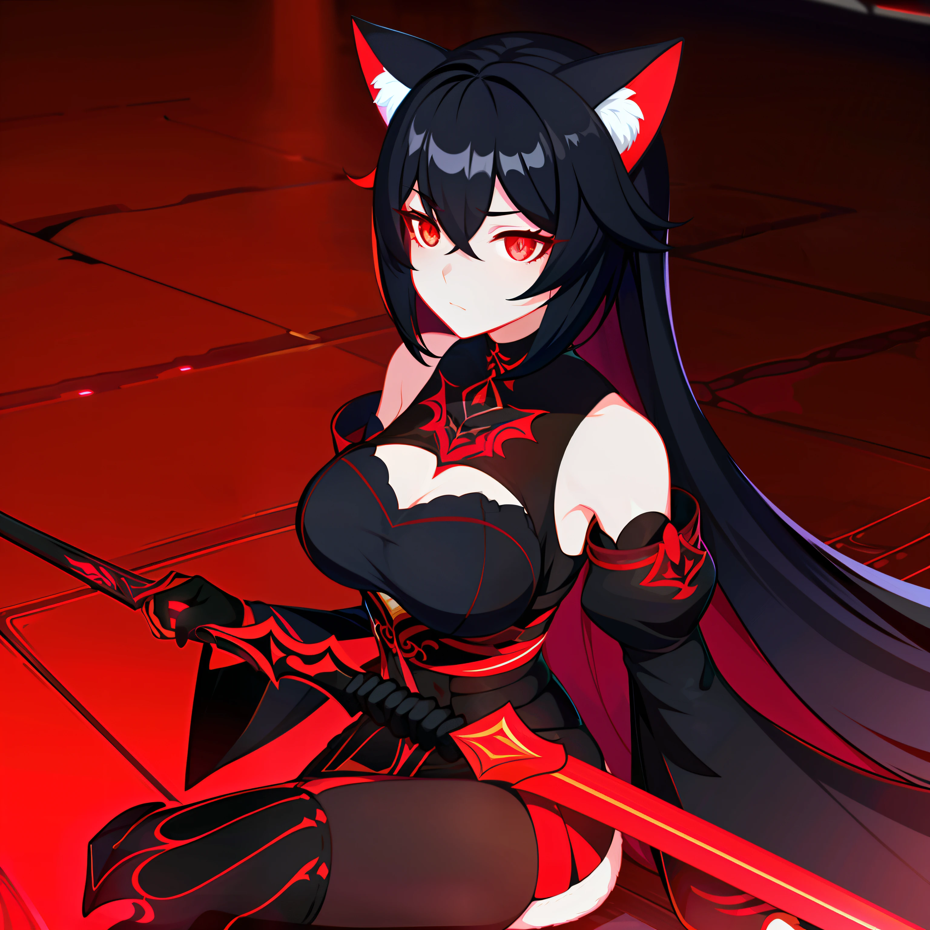 A close-up of a girl,Black hair,red color eyes,glowing light eyes,Separate the sleeves,black color dress,Cold,Perfect girly body,mediuml breasts,long leges,cat ear,black glove,the night,Lake surface,There are three cats next to it,Holding a black long sword,Indifferent swordsman,Separate the sleeves,Girly frontline style,style of anime,full bodyesbian,