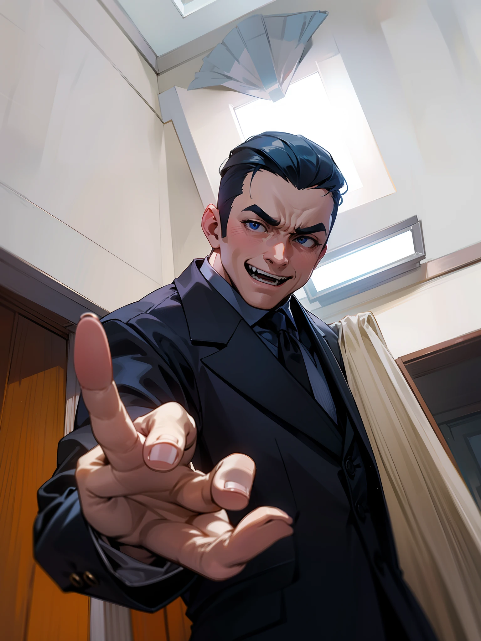 A man in a suit,In the dormitory,Reach out to the screen,Make a mean laugh,high qulity