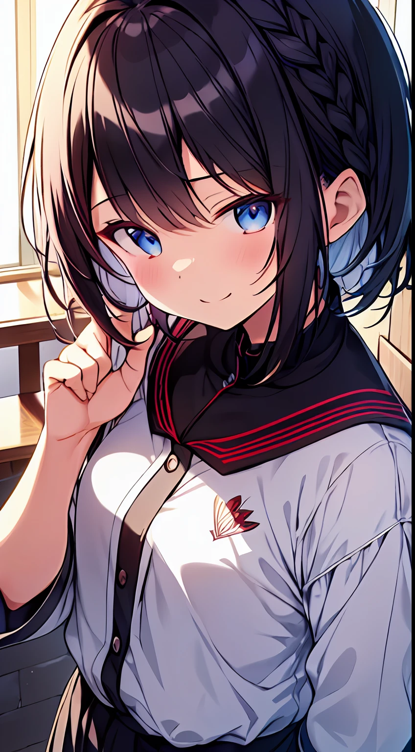 masutepiece, Best Quality,Illustration, Wallpaper, Ultra Detail, 1girl in,Solo,Beautiful detailed eyes,Very thick contour lines、Medium Short-Cut Hair、Short, Braided hair、(student clothes)、Dark hair color、A refreshing smile、Walking next door、Kamimei、Overlooking angle:1.2、small head