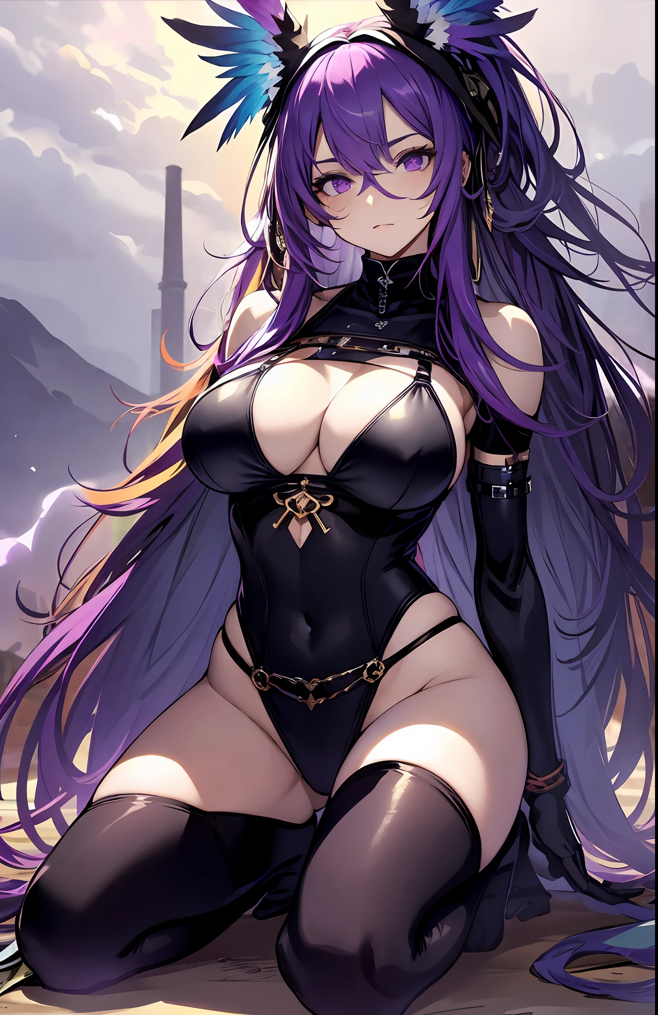 best qualityer，tmasterpiece，Ultimate resolution，downy，Extremely colorful，Colorful，Valley background，（Purple fog）,Dancer，Bikini tights，Blindfolds，huge tit，The kinky is exposed，（cabellos largos dorados），Bird wings，a matural female，Kneeling pose，black reotard，vale，fog atmosphere，Normal posture