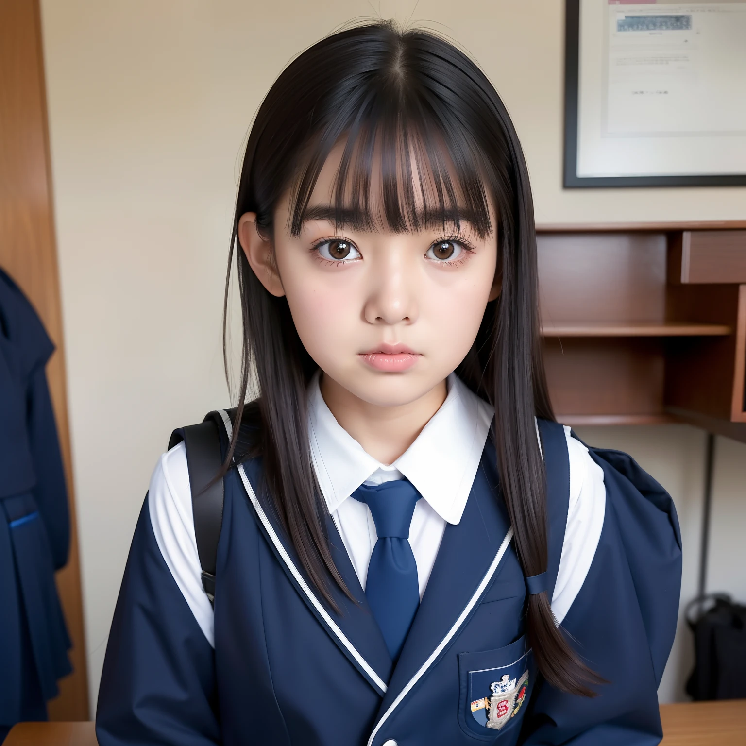 Girl with backpack standing in front of desk, wearing japanese school uniform, japanese girl school uniform, girl wearing school uniform, Japan school uniform, Cute Schoolgirl, Seifuku, Wearing school uniform, Young Asian Girl, Wearing a school uniform, portrait of a japanese , School Girl、thick bangs、Bangs heavy、One heavy、Nose low