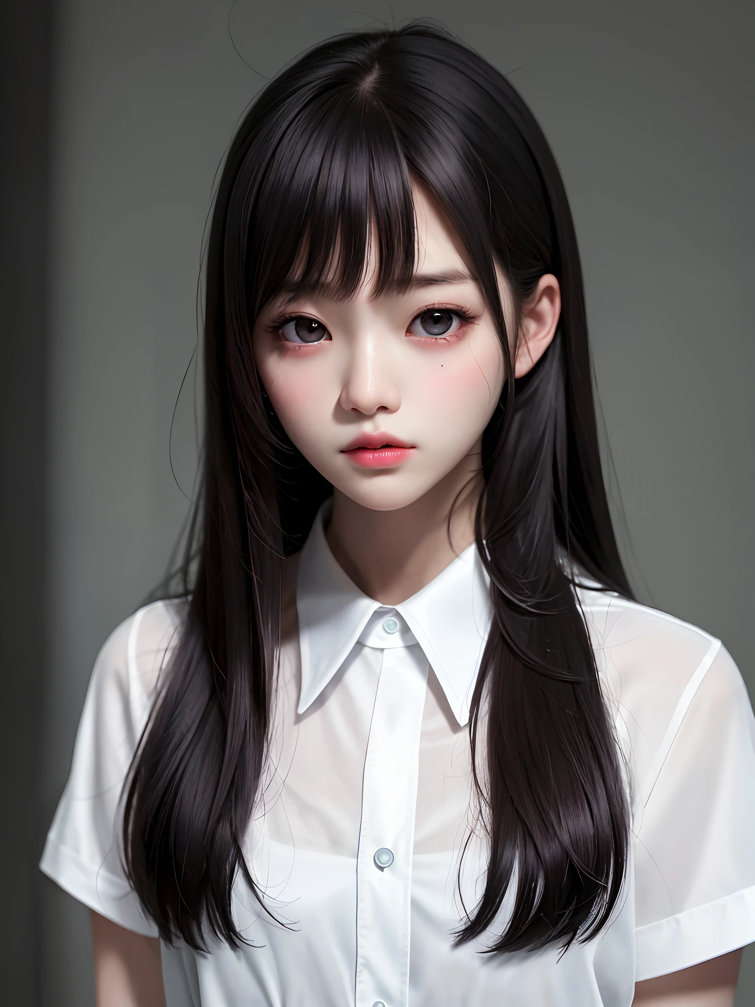 masterpiece, best quality, (dark photo:1.3), photorealistic, 1woman, flat bangs, stunning innocent symmetry face, shirt, emotional, ulzzang, (PureErosFace_V1:0.7)