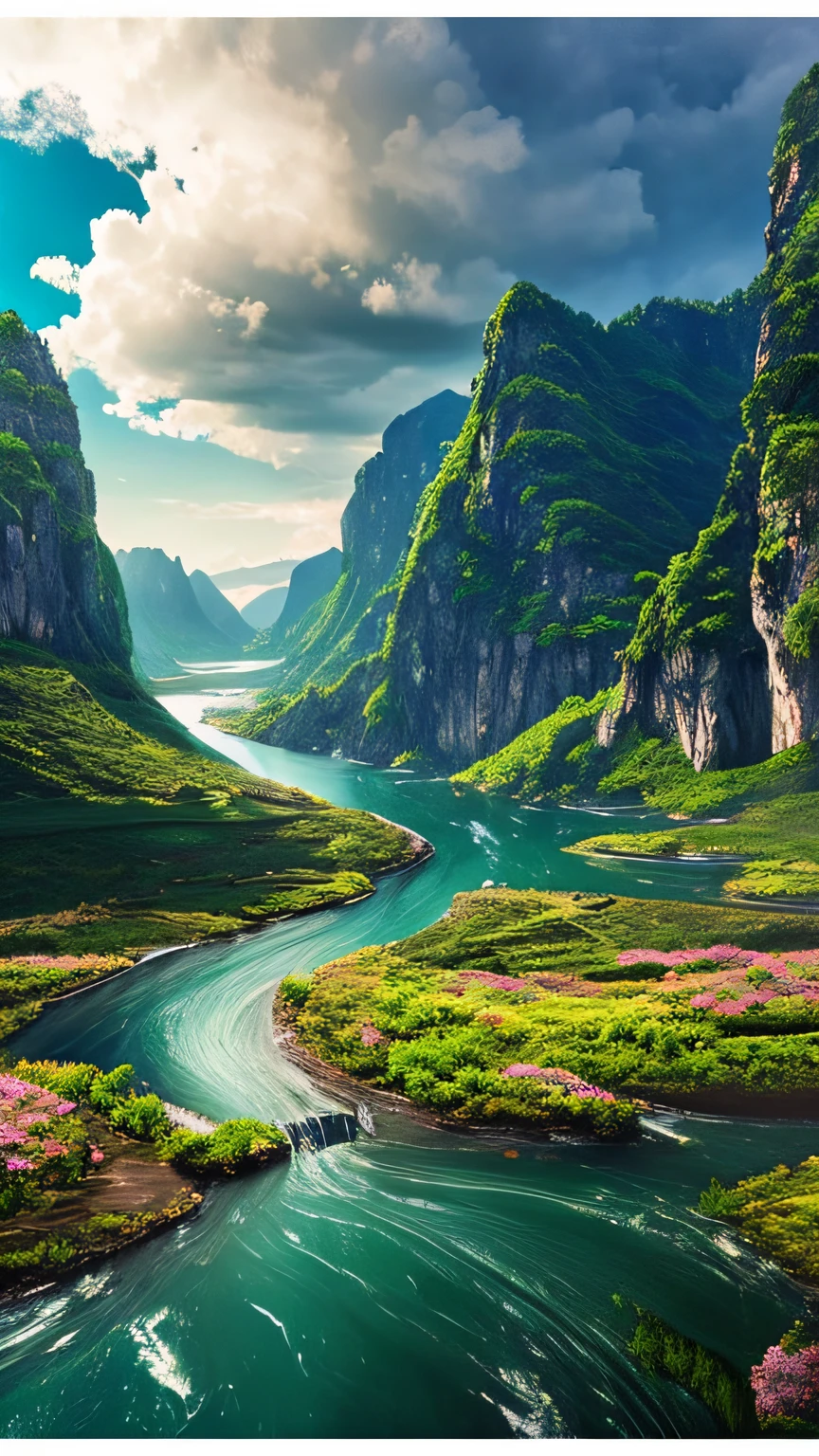 Masterpiece, ultimate quality, Cg unity 8k wallpaper, super delicate, beautiful sky and clouds, rich natural scenery, cliffs, lakes and rivers, waterfalls and flying water, beautiful green mountains, no trace of people, excellent scenery, has already won a photo contest, background Blurring, full depth of field, HDR high dynamics, true restoration, intricate, extreme details, dramatic presentation, perfectly presenting the style of midjourney art.