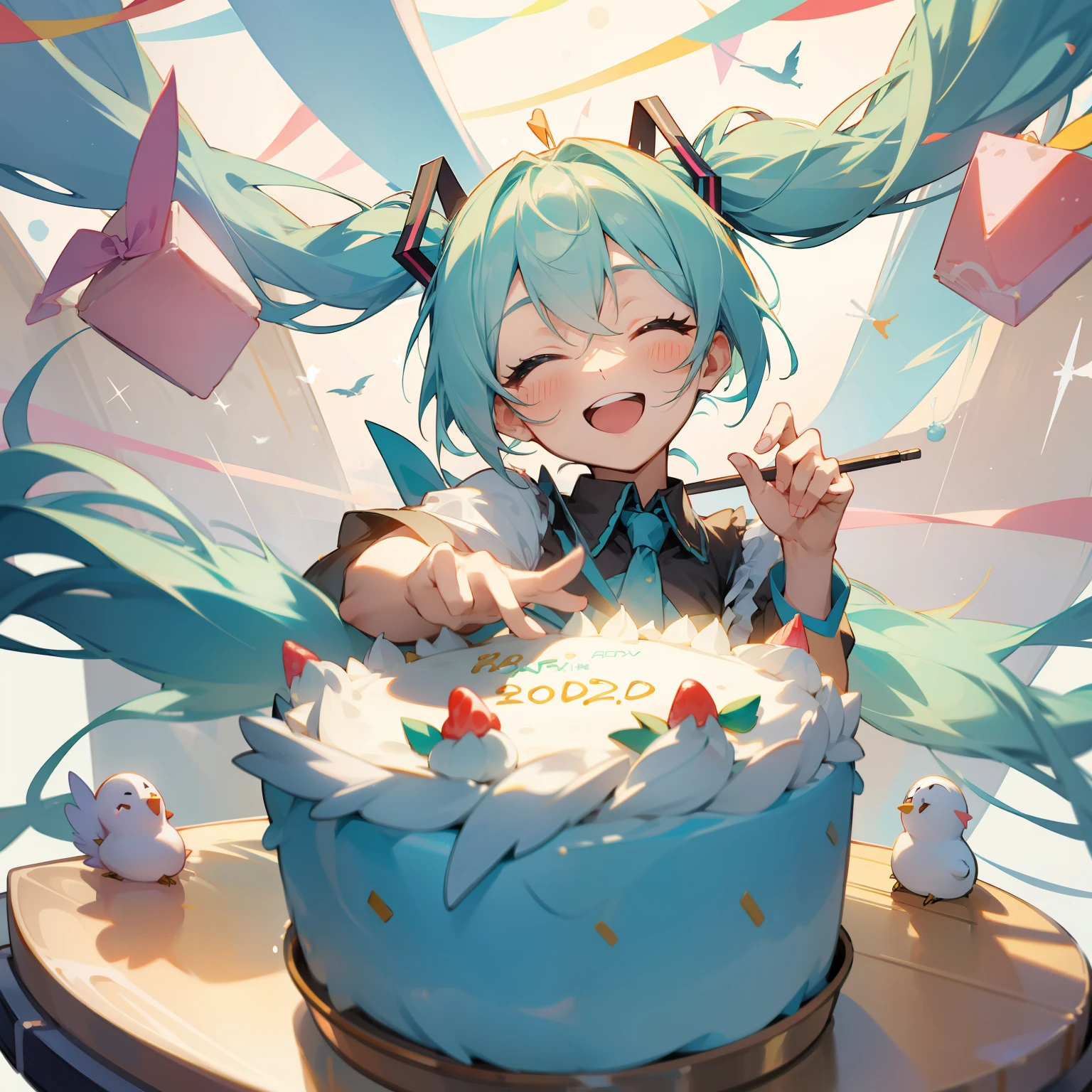 miku hatsune、a smile、birthday、birthday cake、Bird's Day、kirakira、Open mouth、Looks fun
