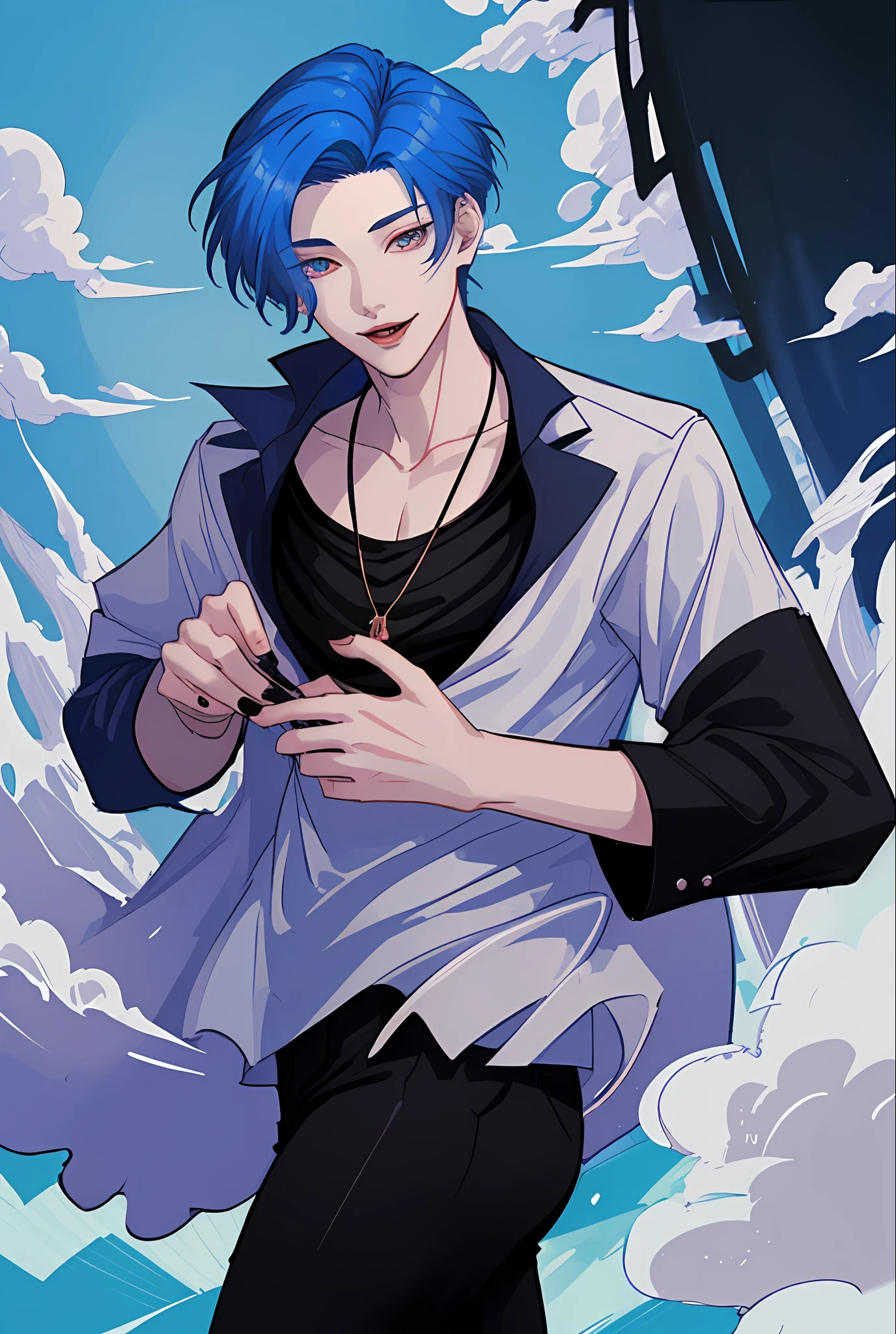 Moonlight behind, Stand in Front of the Church, Man with light blue hair, inspired by Sim Sa-jeong, nixeu and sakimichan, Inspired by Wang Duo, Morgoth, inspired by Bian Shoumin, Virtual Self, looking this way, inspired by Gang Se-hwang, inspired by jeonseok lee, Tumbler, high-level image quality、 beautiful male、tall、window、𝓡𝓸𝓶𝓪𝓷𝓽𝓲𝓬、Korean Male, k pop, Professional Photos, Vampires, À la Fed Man with Necklace, inspired by Sim Sa-jeong, androgynous vampire, :9 detailed face: 8, extra detailed face, detailed punk hair, ((eyes are brown)) baggy eyes, Seductive. Highly detailed, semi realistic anime, Vampires, hyperrealistic teen, delicate androgynous prince, imvu, short hair above the ears, Man with short hair, Gentle expression, Smiling expression, Cool pose, Korean fashion with white chest plate visible Y-shirt and black pants