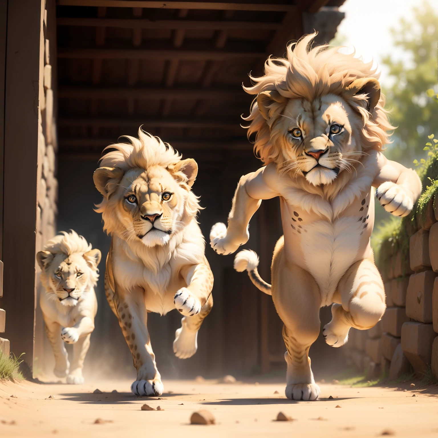 Small lion cubs running