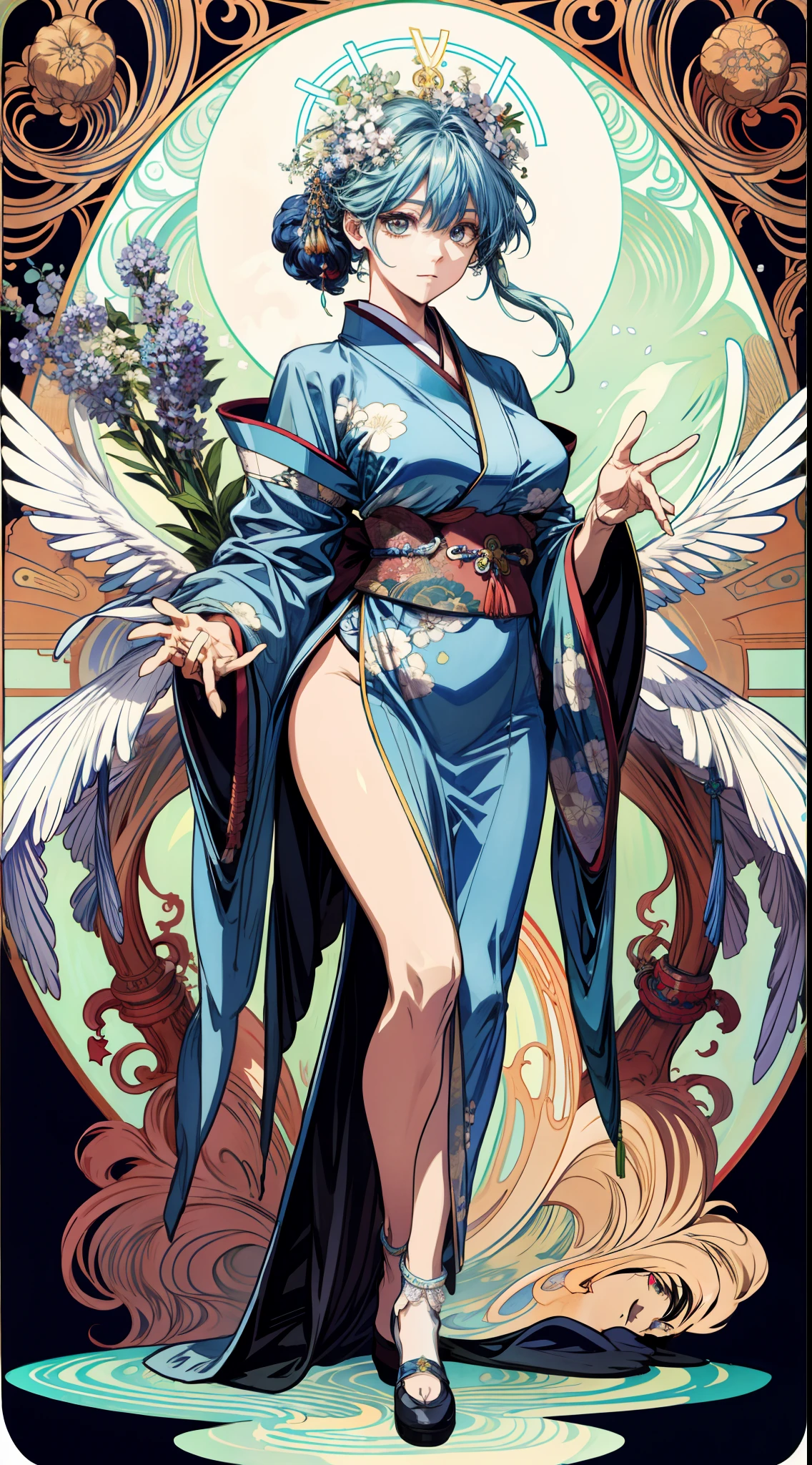 (absurderes、hight resolution、ultra-detailliert)、独奏、femele、Wearing a kimono、full body Esbian、Bold poses、large full breasts、length hair、Earth Eye Eyes、Nostalgic decoration、Victorian style、a matural female、A detailed face、hut\Tarot Cards\、stele、夏天、a moon、Symbolism、Visual Arts、occult、Visual Projection、pop music、art by、Alphonse Mucha、Sexual References