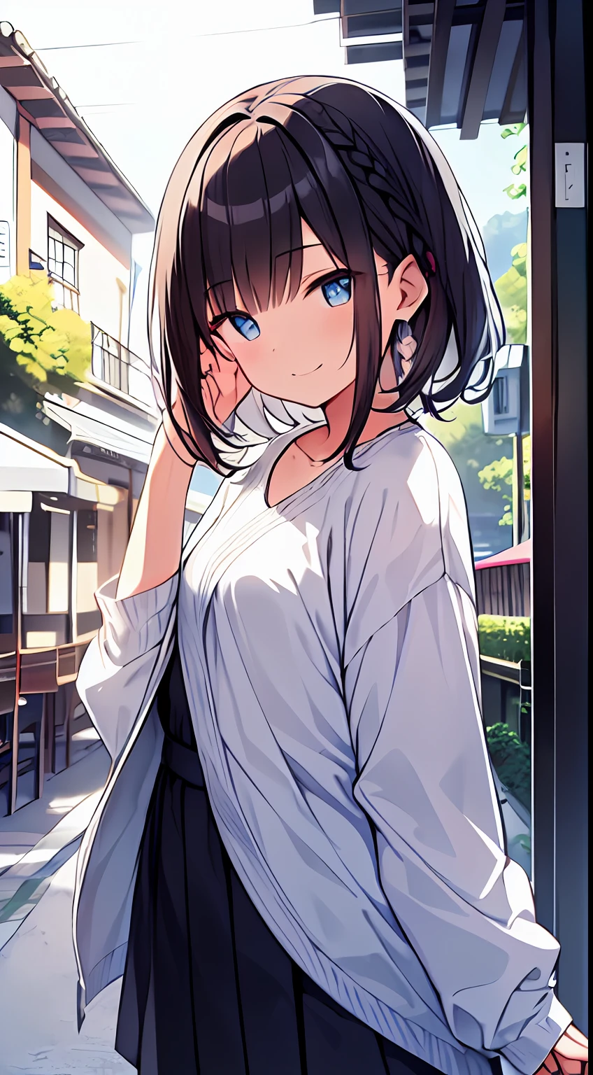 masutepiece, Best Quality,Illustration, Wallpaper, Ultra Detail, 1girl in,Solo,Beautiful detailed eyes,Very thick contour lines、Medium Short-Cut Hair、Short, Braided hair、(student clothes)、Dark hair color、A refreshing smile、Walking next door、Kamimei、Overlooking angle:1.2、small head