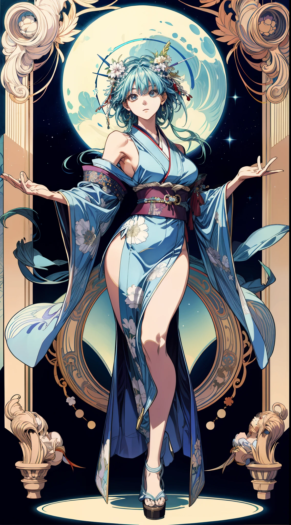 (absurderes、hight resolution、ultra-detailliert)、独奏、femele、Wearing a kimono、full body Esbian、Bold poses、large full breasts、length hair、Earth Eye Eyes、Nostalgic decoration、Victorian style、a matural female、A detailed face、hut\Tarot Cards\、stele、夏天、a moon、Symbolism、Visual Arts、occult、Visual Projection、pop music、art by、Alphonse Mucha、Sexual References
