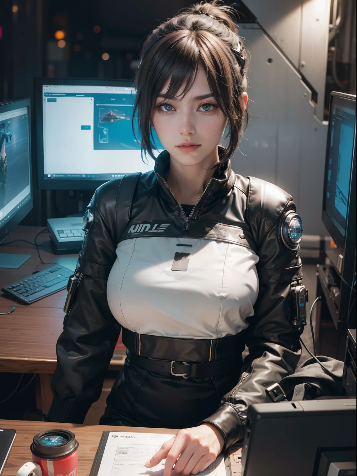 ((Best Quality)), ((Masterpiece)), (Very detailed:1.3), 3D, Beautiful (Cyberpunk:1.3) Female hacker, thick hair, revealing clothes, operating computer terminals, computer servers, LCD screens, fiber optic cables, corporate logos, HDR (High Dynamic Range), ray tracing, NVIDIA RTX, Super Resolution, Unreal 5, Subsurface scattering, PBR textures, Post processing, Anisotropic filtering, Depth of field, Maximum sharpness and sharpness, Multi-layer textures, Albedo and specular mapping, surface shading, accurate simulation of light-material interactions, perfect proportions, octane rendering, duotone lighting, low ISO, white balance, rule of thirds, wide aperture, 8K RAW, high efficiency sub-pixels, subpixel convolution, luminous particles,