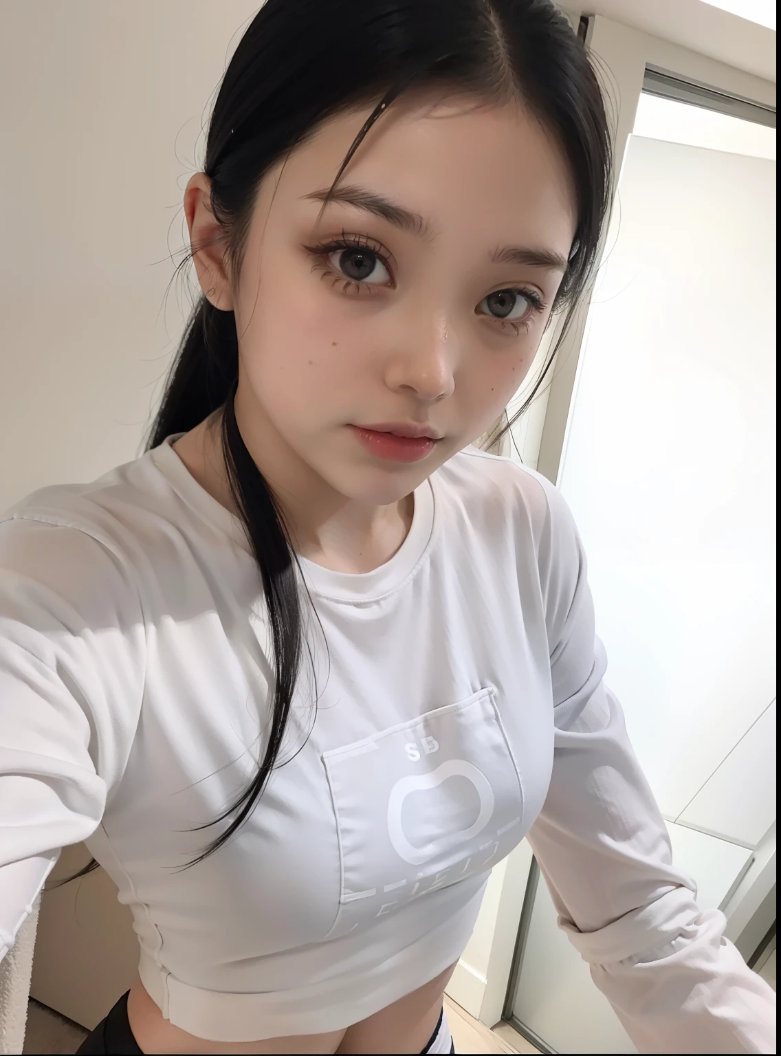 1girll,Beautiful woman with black hair,Bottom-up perspective,shorter pants,sport underwear,hentail realism,Ultra-clear,streetview,sporty attire,rcasual