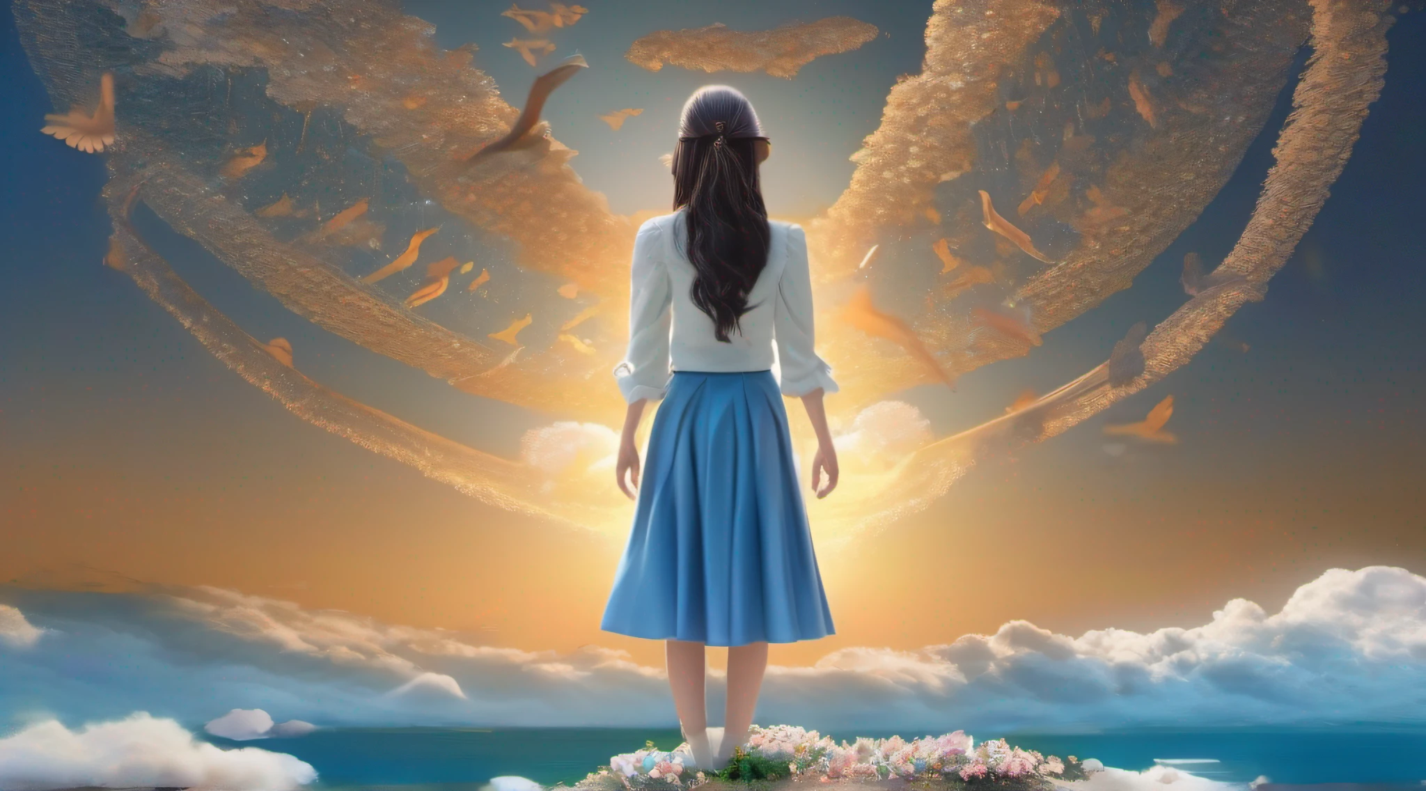 ccurate, best quality, masterpiece, UHD, high details, award winning, (Amazing:1.1), (Surrealism), Conceptual art, Verism, cinematic lighting, panorama, beautiful high school girl, (17 yr old), ((((full body)))), from behind, without looking at me, (((wearing school uniform))), black eyes, black hair, (floating hair), ((8 life size)), detailed hairstyles, detailed bodyline, anatomically correct, (((she is lost in a surreal world of dreamlike landscapes))), A floating island in the sky, ruins street, shallow sea, Horizon, ((beautiful Blue sea)), blue sky, paradise scenery, flowers, wind flow, (((fantasy))), frontier, (magnificent space),