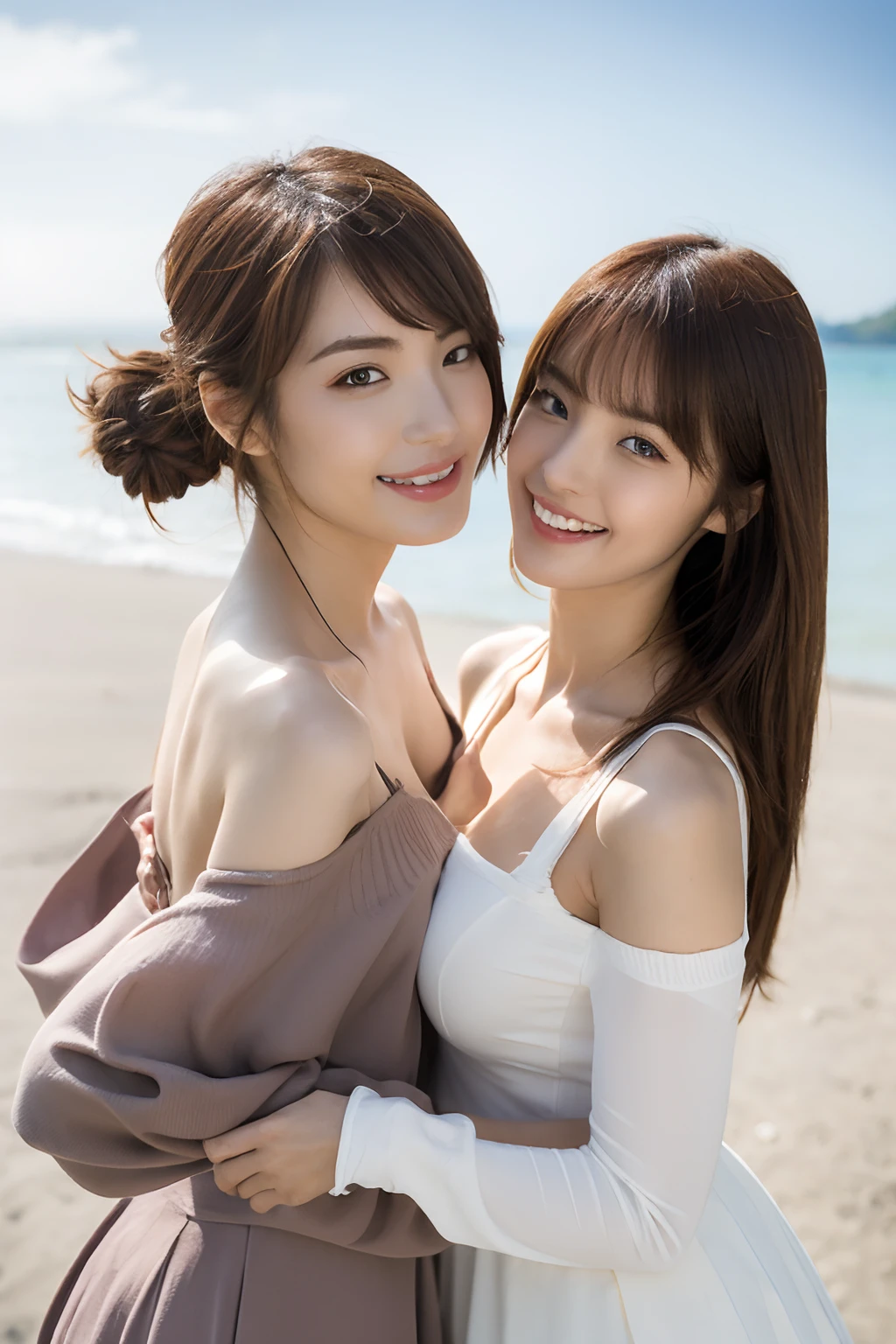 (8K、RAW photography、top-quality、tmasterpiece:1.2),((((((Two girls,duo,caressing the,On the beach)))))),、ultra - detailed、Hyper-Resolution、(hyper realisitc:1.4)、（Use the kiss you throw as a camera）from the above、camera shot from above、Shoot the camera angle from above、I look at this with upward eyes、Arms outstretched、Arms spread wide、Use high-quality images taken from above with your camera、(1 digit in the girl on the beach:1.3)、、Offshore girls（dreamlike lighting）Head to waist、、white skinned、Fair-skinned female proofreading、super high image quality、、Beautiful female proofreading reflecting in light、astonishing detail、Beautiful girls in very detailed、(Faces with different patterns1:1.2)、(Different facial emotions 1:1.3)、Each hairstyle has its own characteristics、colours々Hairstyles、colours々The hair color shines with a clean sheen、I love fishing on the boat、Brown hair shining in the light、One has a ponytail、、Modern cute girl、very detailed faces very detailed eyes、Very realistic skin、 Extremely detailed fingers, Highly detailed nose, highly detail mouth, perfect anatomia, (Off-the-shoulder ta costume 1:1.2)、、Their hair details sparkle、Hot teeth and smiles、Realistic body, white skinned, glistning skin, Slim body, Long straight hair, (Blunt bangs:1.2), , nixeu and sakimichan, twice, seifuku, sakimichan, promotional still, lalisa manobal, alena aenami and lilia alvarado