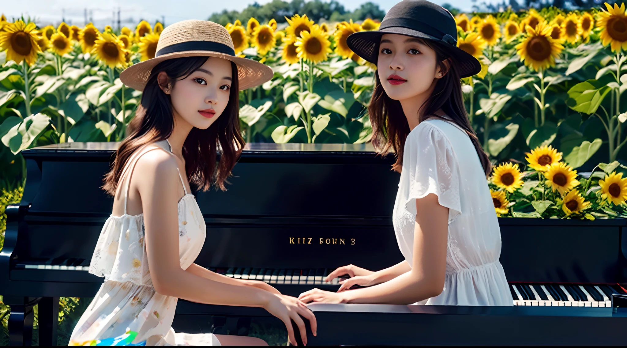 (oil painted:1.2),Kizi，Sit on the piano solo, florals,  Light wind,  signed, Sunflower fields, Brown hair, Long micro hair, Black colored eyes, sideface, Long white dress，With a hat，rays of sunshine
