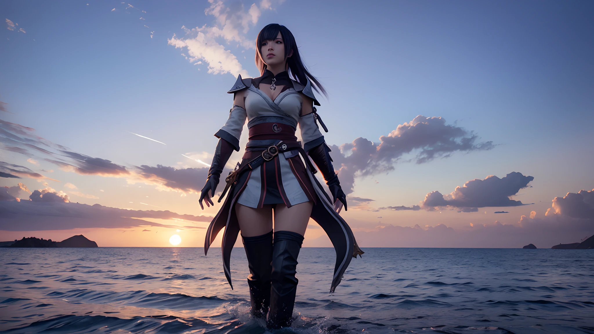 There is a woman standing in a boat on the water, estilo final fantasy 14, pc game with ui, Jogo HUD, gameplay screenshot with ui, Captura de tela do videogame>, Final Fantasy 1 4, em hud realista, bela captura de tela, no jogo, Final Fantasy 14 afiado, Final Fantasy 1 2 estilo, tela de carregamento, Captura de tela do PC, FFXIV
