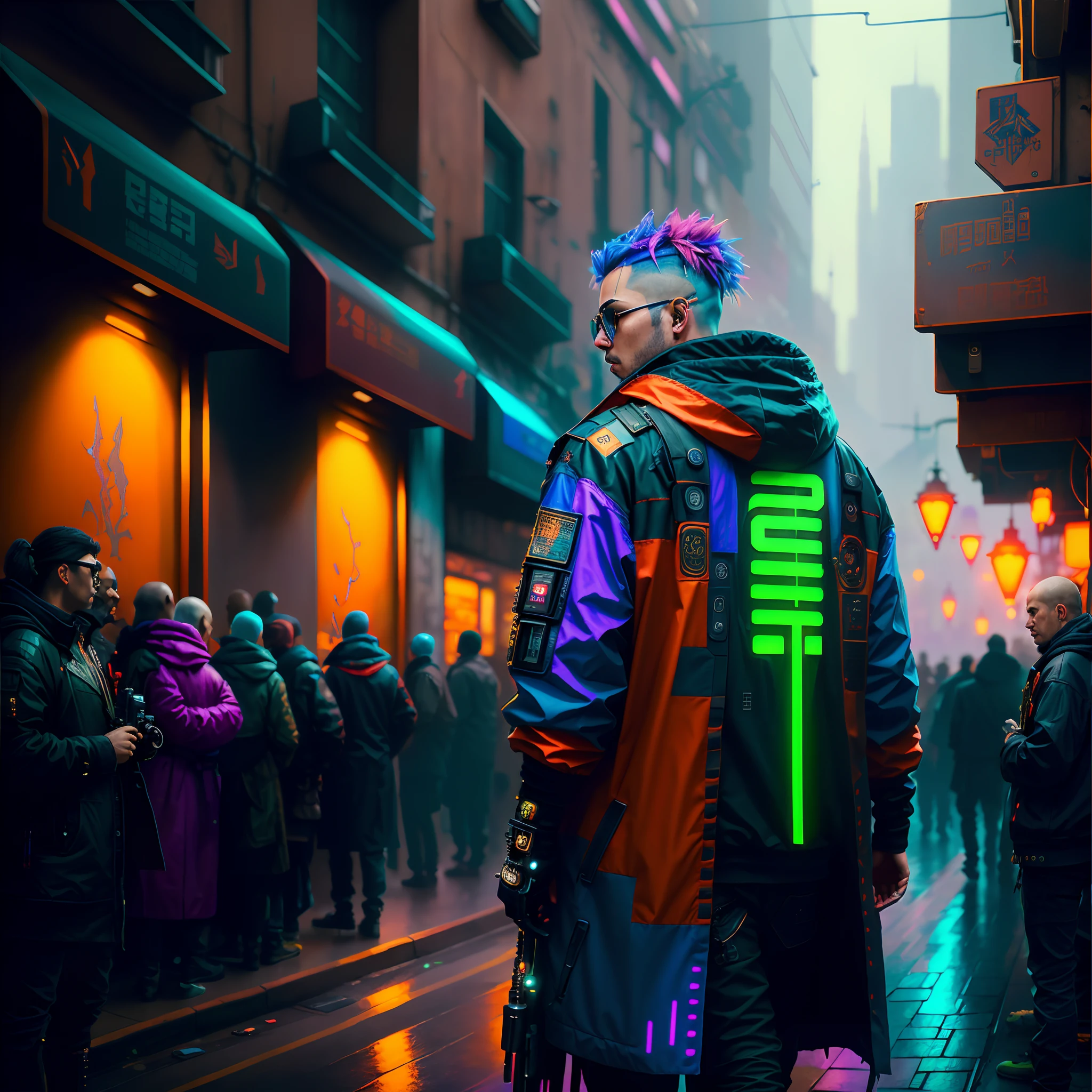 (best quality,masterpeace),full body shot,(hyperdetailed colourful),
((detailed cyberpunk man head)),
, hdr, dramatic, cinematic lighting, trending on artstation,trending on CGSociety, professional majestic oil painting by greg rutkowski,immense detail, rim lighting, two tone lighting, dimly lit, low key ,