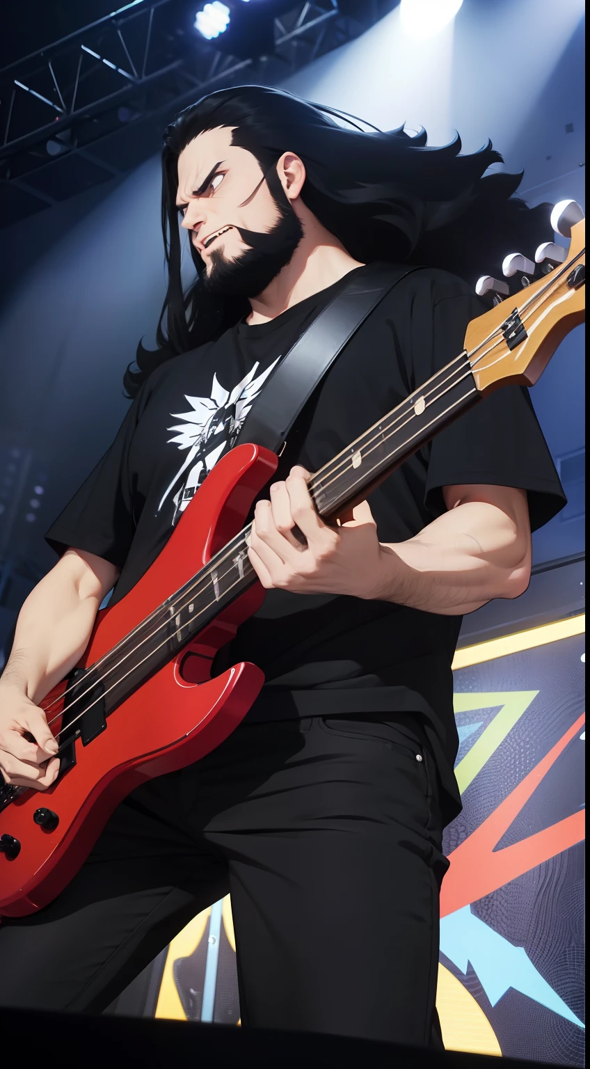 One man wearing black shirt, black jeans, long hair, short beard, perfect anatomy, focus on camera, standing in heavy metal concert, playing electric bass , energic pose, energic expression