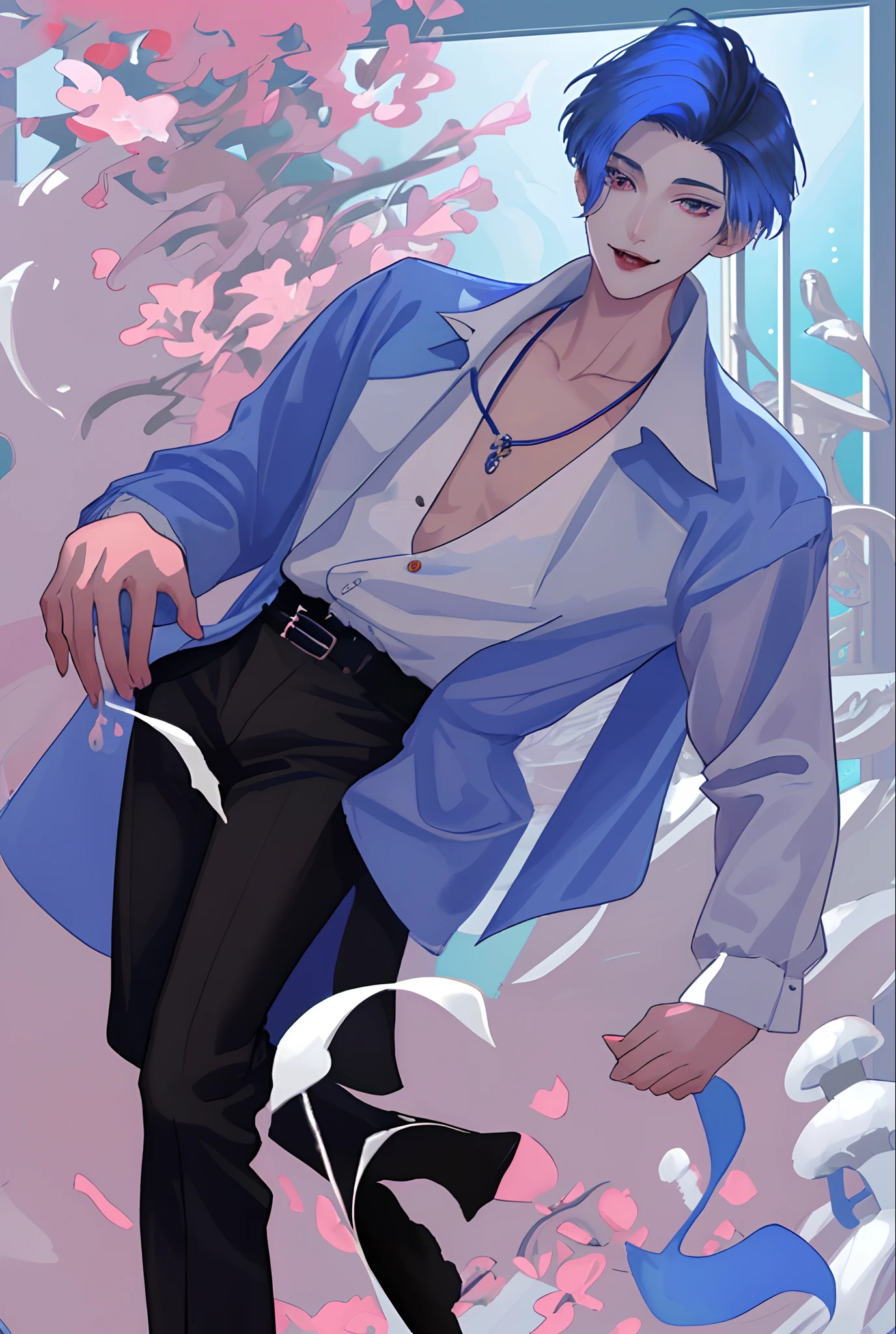 Moonlight behind, Standing by the seaside, Man with light blue hair, inspired by Sim Sa-jeong, nixeu and sakimichan, Inspired by Wang Duo, Morgoth, inspired by Bian Shoumin, Virtual Self, looking this way, inspired by Gang Se-hwang, inspired by jeonseok lee, Tumbler, high-level image quality、 beautiful male、tall、window、𝓡𝓸𝓶𝓪𝓷𝓽𝓲𝓬、Korean Male, k pop, Professional Photos, Vampires, À la Fed Man with Necklace, inspired by Sim Sa-jeong, androgynous vampire, :9 detailed face: 8, extra detailed face, ((eyes are brown)) baggy eyes, Seductive. Highly detailed, semi realistic anime, Vampires, hyperrealistic , delicate androgynous prince, imvu, Short-haired man, With bangs, Mushroom hair, Korean style hairstyle, Gentle expression, Smiling expression, Cool pose, Korean fashion with white chest plate visible Y-shirt and black pants