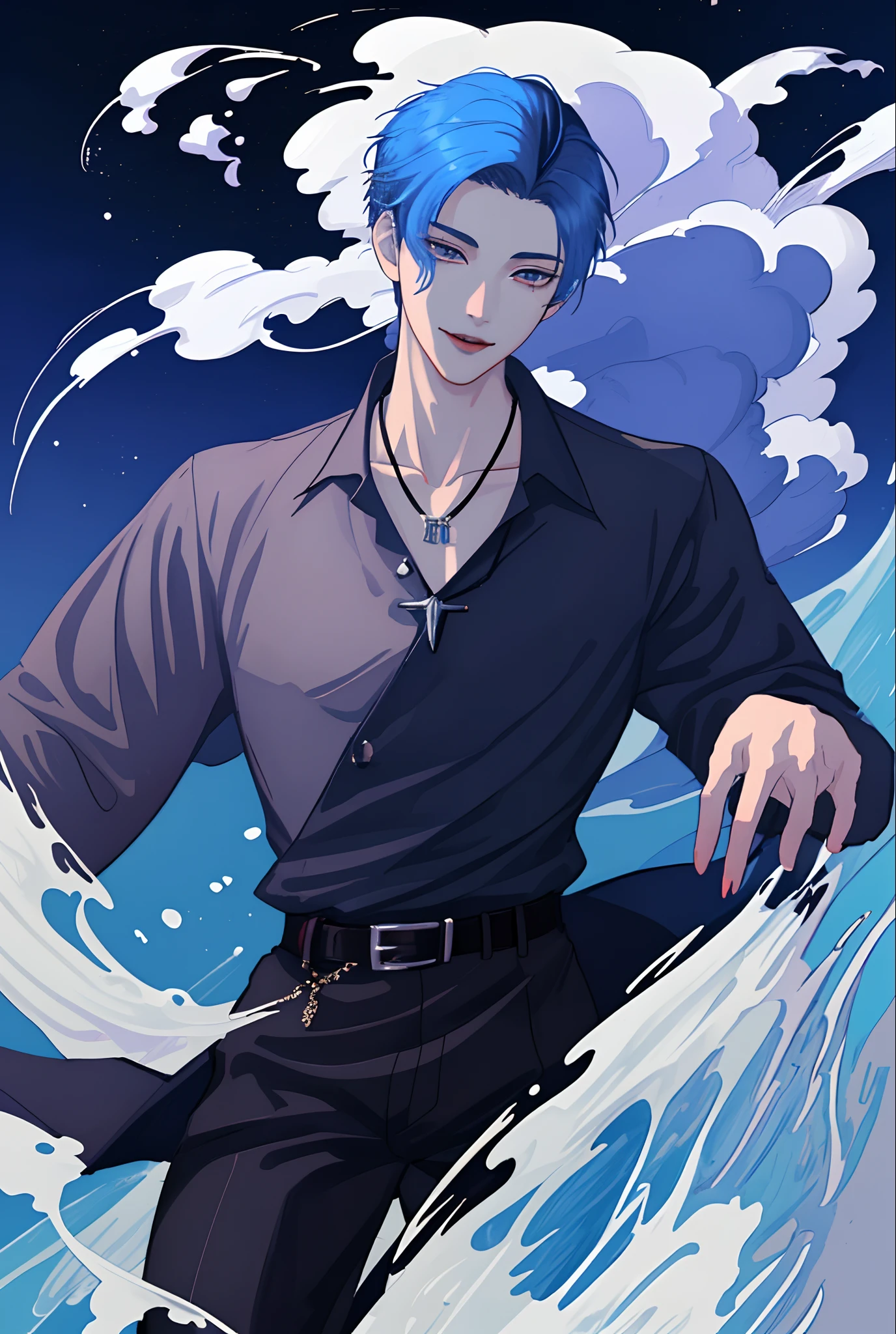 Moonlight behind, Standing by the seaside, Man with light blue hair, inspired by Sim Sa-jeong, nixeu and sakimichan, Inspired by Wang Duo, Morgoth, inspired by Bian Shoumin, Virtual Self, looking this way, inspired by Gang Se-hwang, inspired by jeonseok lee, Tumbler, high-level image quality、 beautiful male、tall、window、𝓡𝓸𝓶𝓪𝓷𝓽𝓲𝓬、Korean Male, k pop, Professional Photos, Vampires, À la Fed Man with Necklace, inspired by Sim Sa-jeong, androgynous vampire, :9 detailed face: 8, extra detailed face, ((eyes are brown)) baggy eyes, Seductive. Highly detailed, semi realistic anime, Vampires, hyperrealistic teen, delicate androgynous prince, imvu, Short-haired man, With bangs, Mushroom hair, Korean style hairstyle, Gentle expression, Smiling expression, Cool pose, Korean fashion with white chest plate visible Y-shirt and black pants