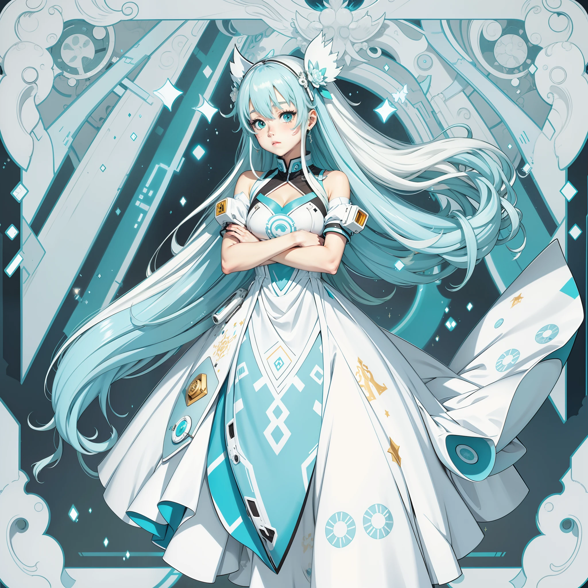 Anime shoujo,long white hair,cyan pupils,high - tech,monitor,radar,Three nil,Gorgeous dress