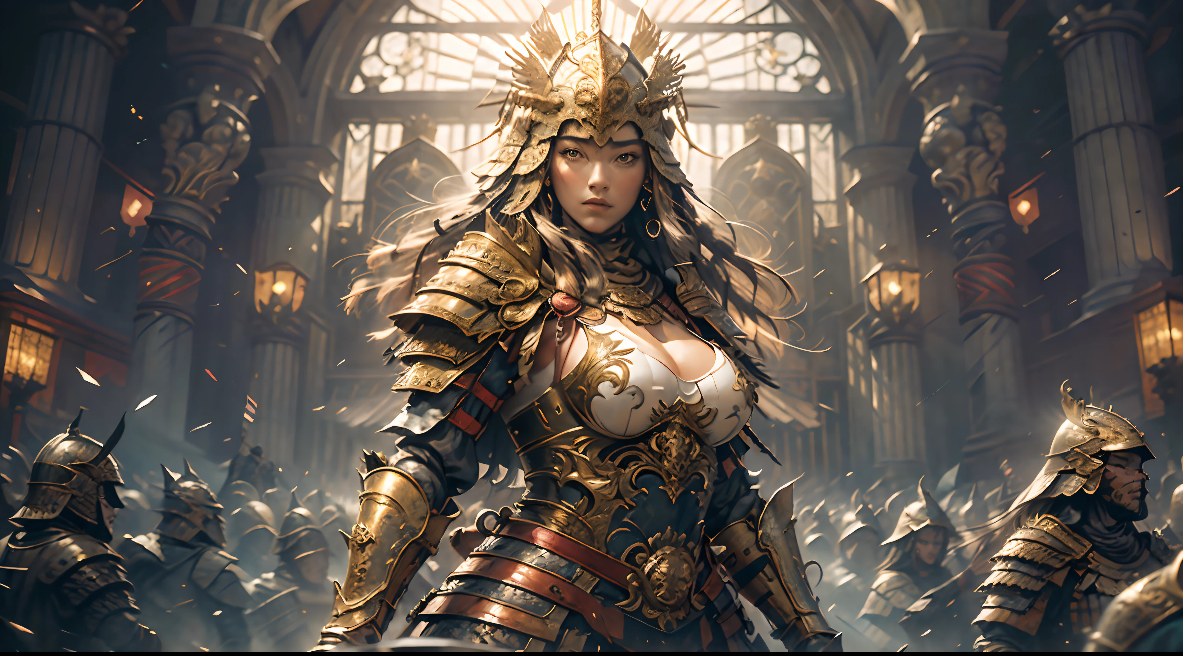 A young woman in armor and shooting a bow stands in front of the audience, large full breasts, (Perfect Body), (Masterpiece), In a very sexy pose, (The ultra-detailliert), (Hyper beautiful), (8K, Highly detailed CG illustrations),You can see monsters on the walls.