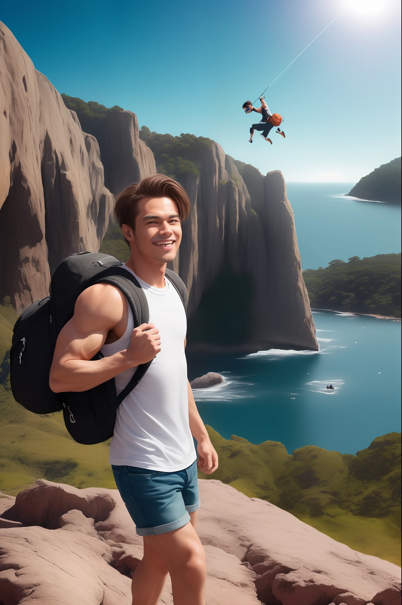 (beautiful and magnificent skyline, majestic sky), (extremely tense and dramatic pictures, moving visual effects), (high hanging Polaris, colorful natural light), (1man), (muscular top, denim shorts, carrying a backpack), (dynamic pose:1.3, black eyes, black hime-cut hair, strong man with smile f ace)[:0.8], (large rocky cliff), (oncoming breeze), (brown hair and background Coordination effect: 1.2), (close shot, long shot mix and match)[::0.9]