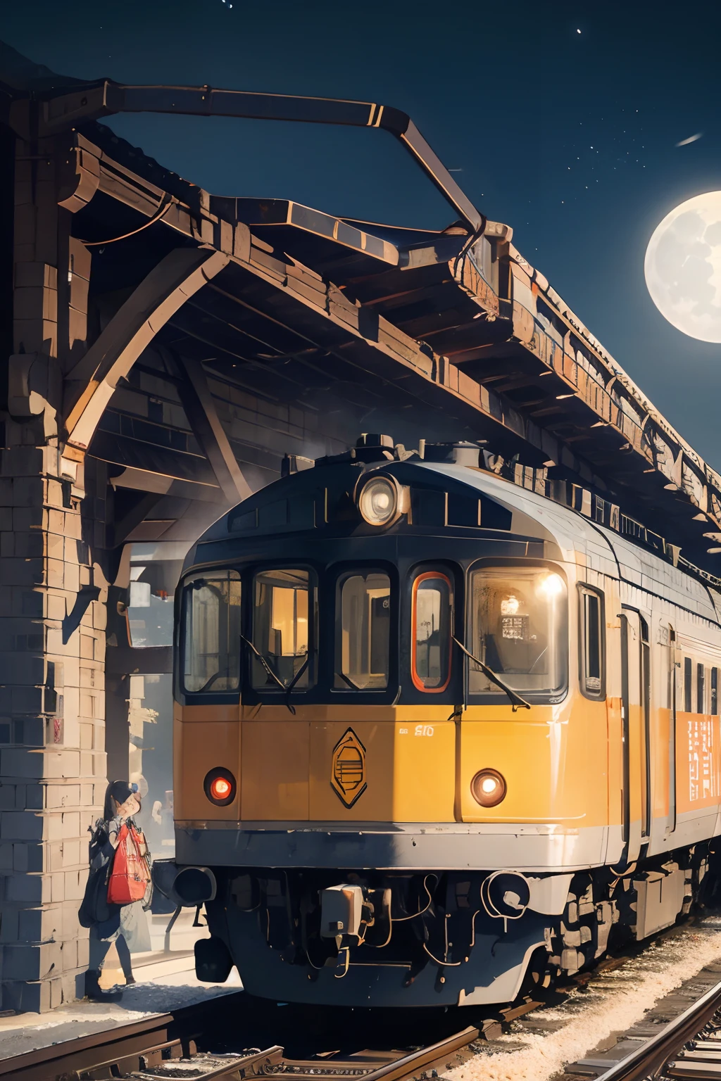 Brick station，The steam locomotive stopped，A female traveler carries a travel bag. She has a beautiful face and bright eyes. She wears elaborate ornaments. Fantastic platform，Train illuminated by moonlight. Detailed drawing. Vivid colors. High image quality. --S 1000 --AR 4:5 --5

↑ DeepL's English culture。The original text is ↓

Steam locomotives stopped at the brick station and、Female travelers with travel bags。For a beautiful face、Brightly Colored Eyes。Wear intricate and delicate ornaments。Train illuminated by moonlight、Fantastic station platforms。Detailed drawing。Vibrant colors。high-level image quality。