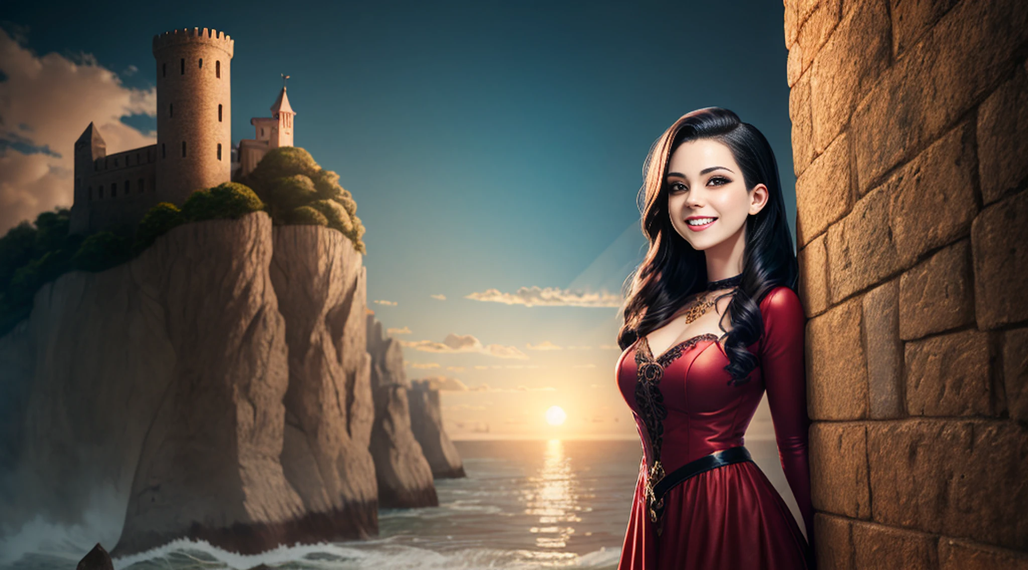 uma mulher vampiro em um vestido preto, decote, sorriso maligno, mostrando os dentes, olhos vermelhos, standing on a cliff, castelo assustador e montanhas ao fundo, durante a noite,