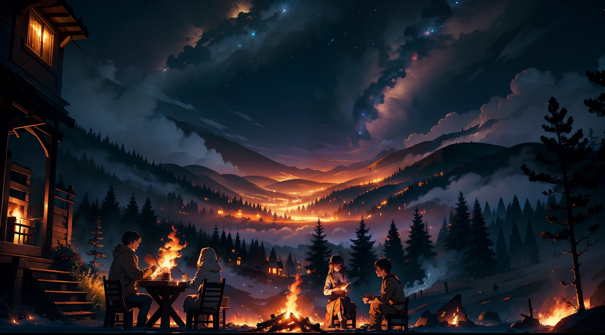(masterpiece), (best quality), 8k, high detailed, ultra-detailed, Villagers lighting fires, (rising smoke), intertwining shadows, ((beautiful scene)), night sky, (warmth)