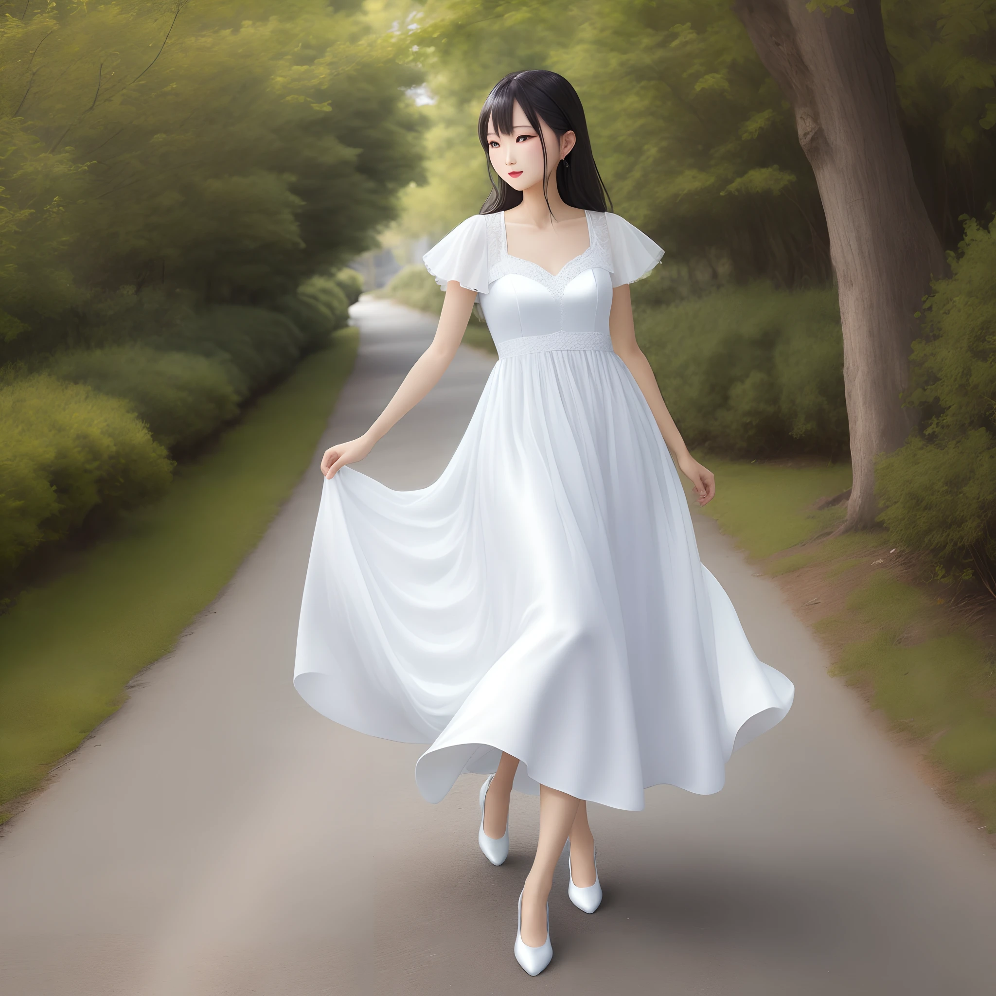 White silk shoes,JK long dress