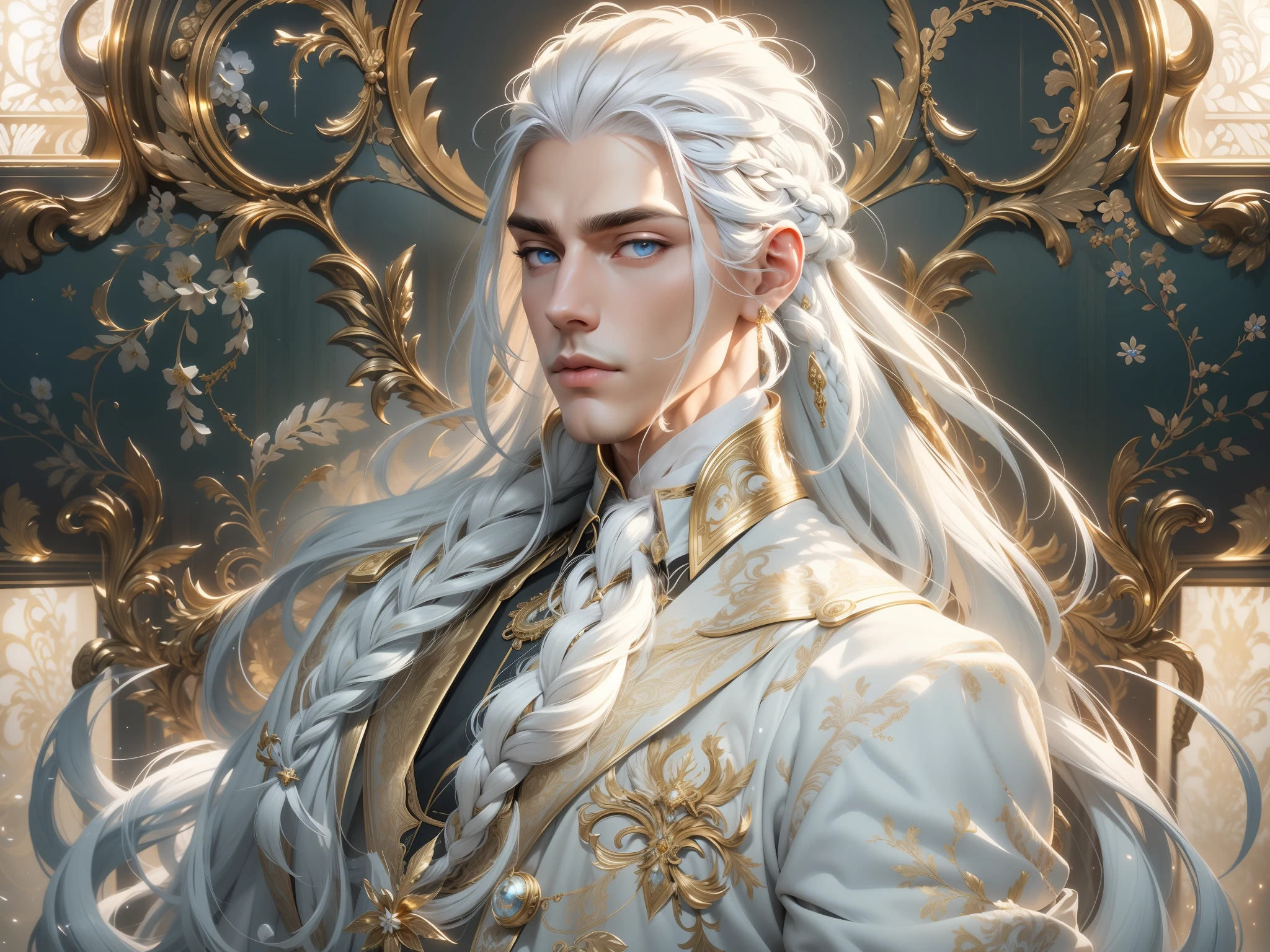 1guy, gorgeous dapper Elysian male with perfect balance of masculine and feminine features, (stunning long pure white hair, 1braid), white and powder blue tetradic colors, perfect anatomy, approaching perfection, stern gold eyes, 8k resolution, (Single person), masterpiece, perfect face:1.2), intricate details, opulent detailed background, full lips, curvy guy, cinematic lighting,nijistyle