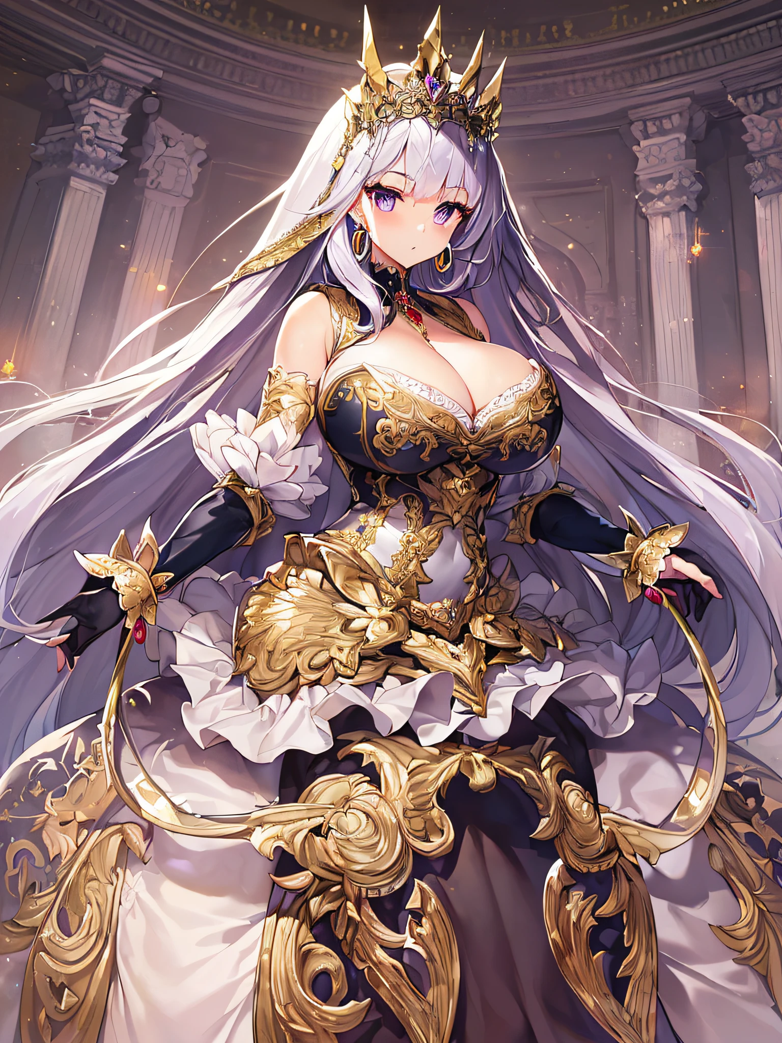 ((anime artstyle)),(Masterpiece),(Best Quality), (Super Detail),((Very Delicate and Beautiful)),(((Solo))),((full body portrait)),(((1 princess in baroque dress with voluminous full length hoop skirt))),((crinoline)),Long train,(gorgeous gemstone jewelry),detailed face and eyes,jewel-like eyes,((large amount of straight hair,extremely voluminous Very Long Straight Hair)),((gigantic tits,Long tits)),cleavage,extremely gorgeousfull hair ornament,((bling-bling extremely gorgeousfull jeweled tiara)),((Dynamic Angle)),Looking at viewer,(((baroque dress with voluminous full length hoop skirt)))