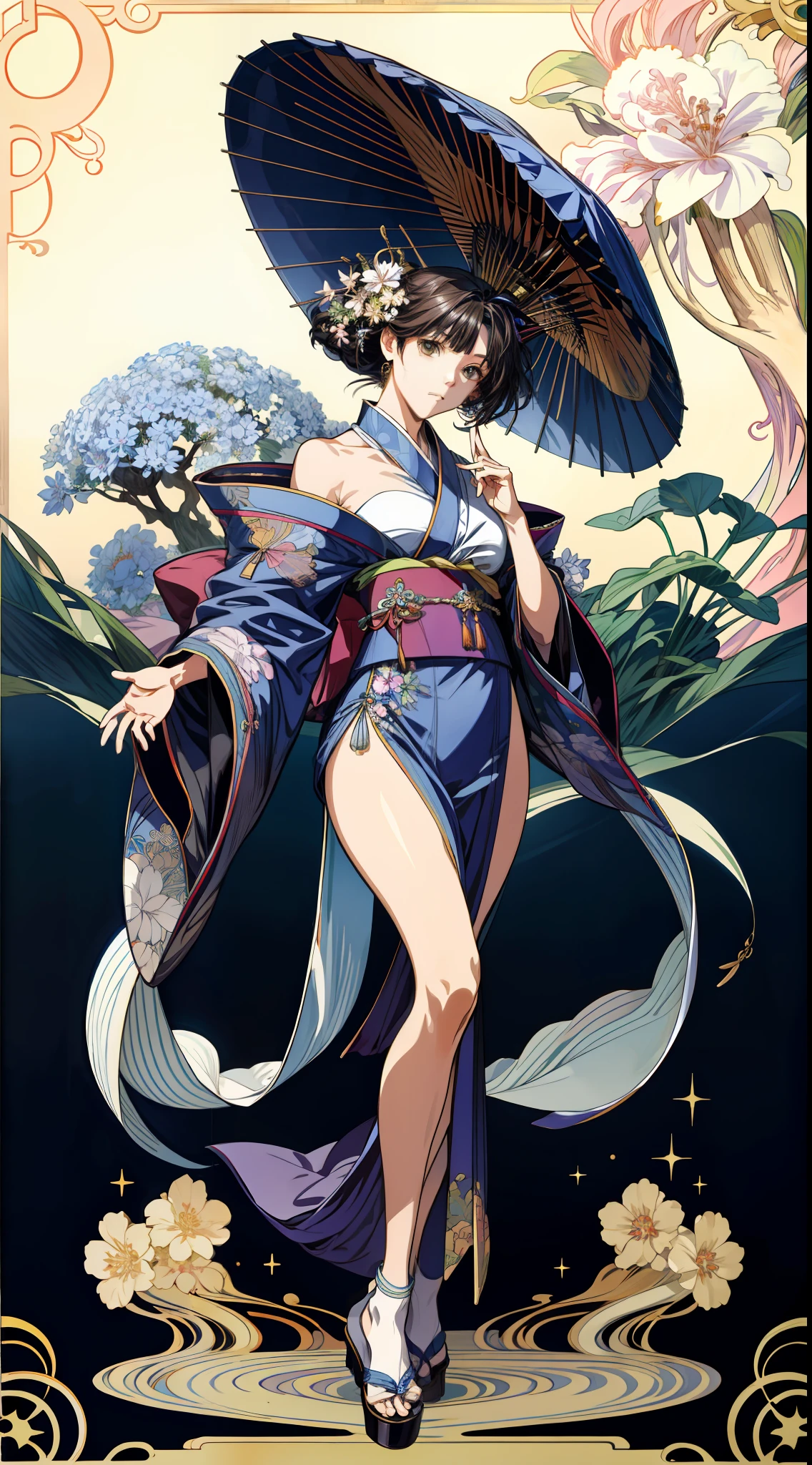 (absurderes、hight resolution、ultra-detailliert)、独奏、femele、Wearing a kimono、full body Esbian、Bold poses、large full breasts、cabelos preto e longos、Brown Eyes、Japanese umbrella decoration、Victorian style、a matural female、A detailed face、hut\Tarot Cards\、stele、Mare、a moon、Symbolism、Visual Arts、occult、Visual Projection、pop music、art by、Alphonse Mucha、Sexual References