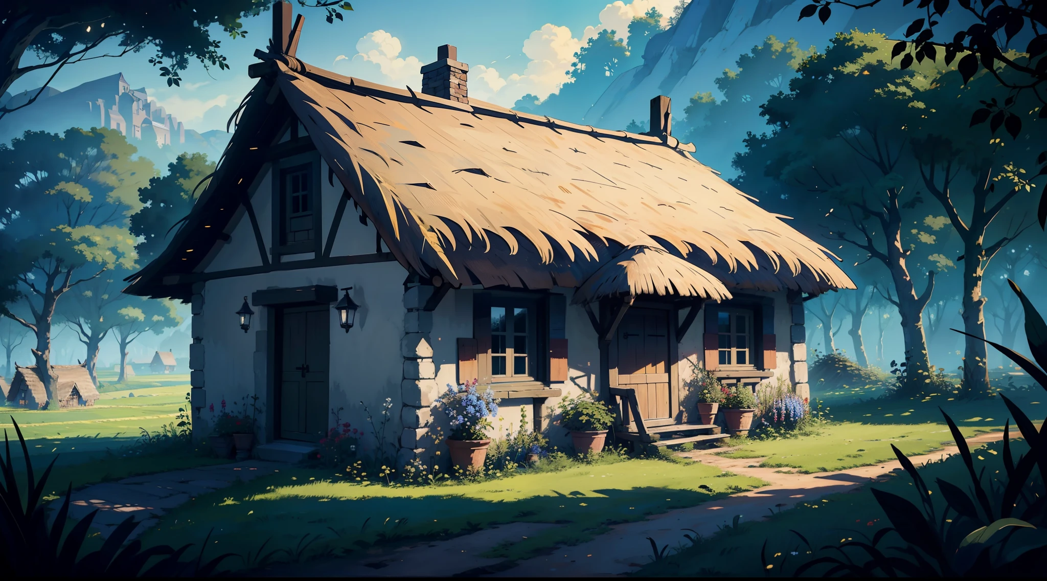 (masterpiece), (best quality), 8k, high detailed, ultra-detailed, Vibrant village, (old thatched hut), (no light inside), ((sad story)), darkness, (silent whispers)