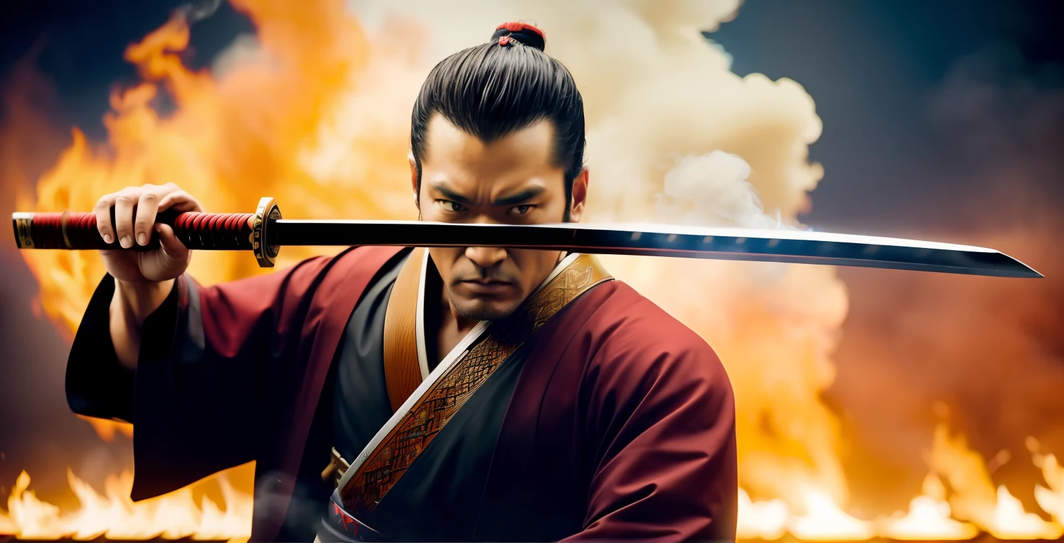 ((a cinematic scene)), a samurai holding a sword, ultra-detailed, ultra realistic, filmed by the director Quentin Tarantino, filmed on Kodak Ekstar 100, Photorealistic, masterpiece, highest details, uhd, professional color grading, red yellow black, balanced composition and symmetry, dramatic background, smoke and fire