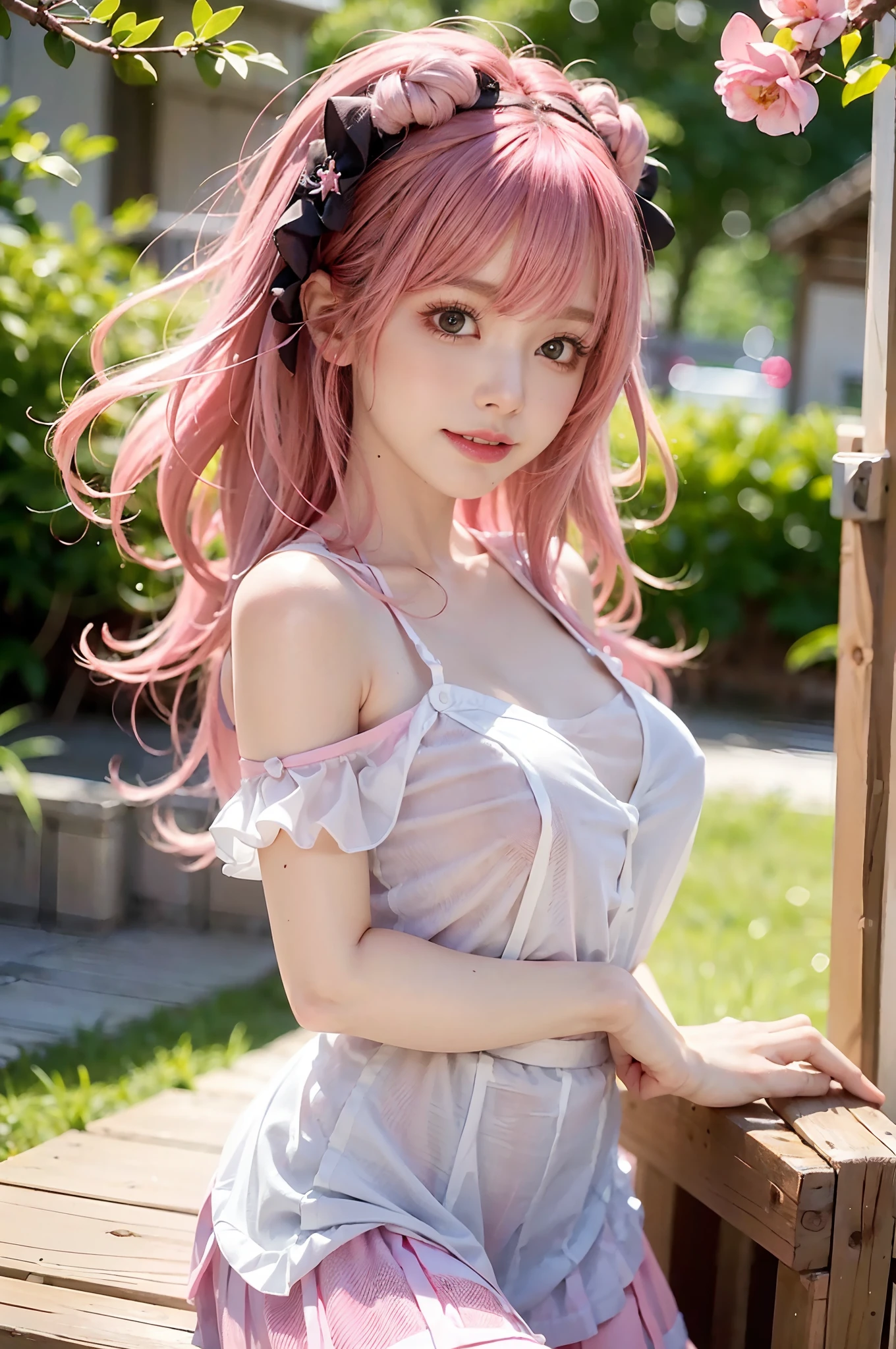 8k resolution, high resolution, single, girl, fair skin, big eyes, long eyelashes, sweet silkworm, deep eyes, lipstick, smile, ((pink hair)), messy hair, hair details, face details, ((white slip shoulder shirt)), ((pleated skirt)), summer sun, nature, cute little animals, cute girl, silly cute, girly, white tights