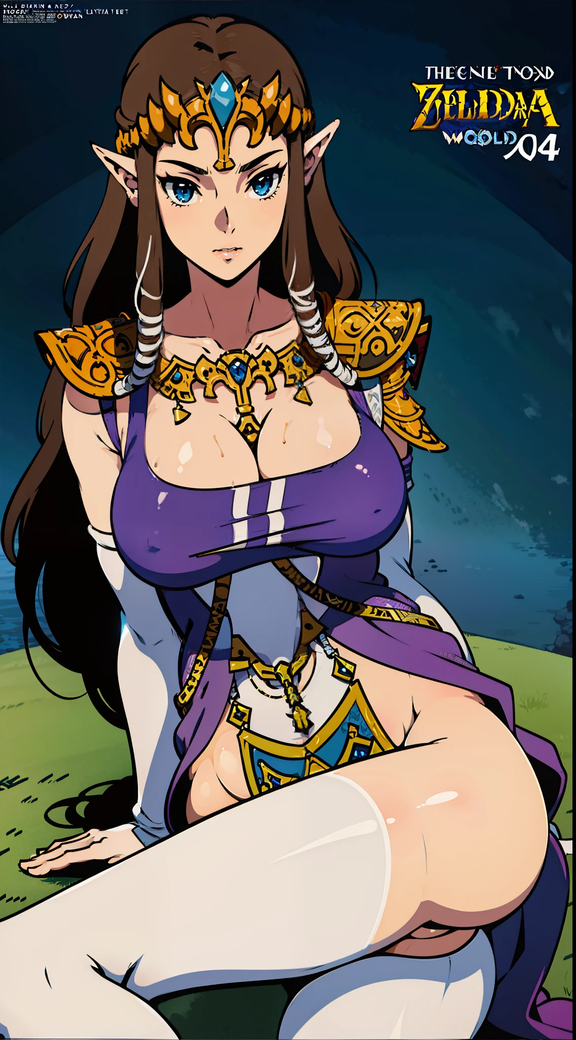 8K High Quality, High accuracy, princess zelda, Beautiful woman, Beautiful face, a small face, , Twilight Princess, Beautiful woman, Bright, highlight in eyes, small ears, Brown hair, Sexy, ultra gigantic tits, extra large tits, , Erotic, beautiful line art. Blue eyes, Adult magazine covers, Magazine Cover, Illustration, Cover written in Japanese, The Legend of Zelda World magazine,