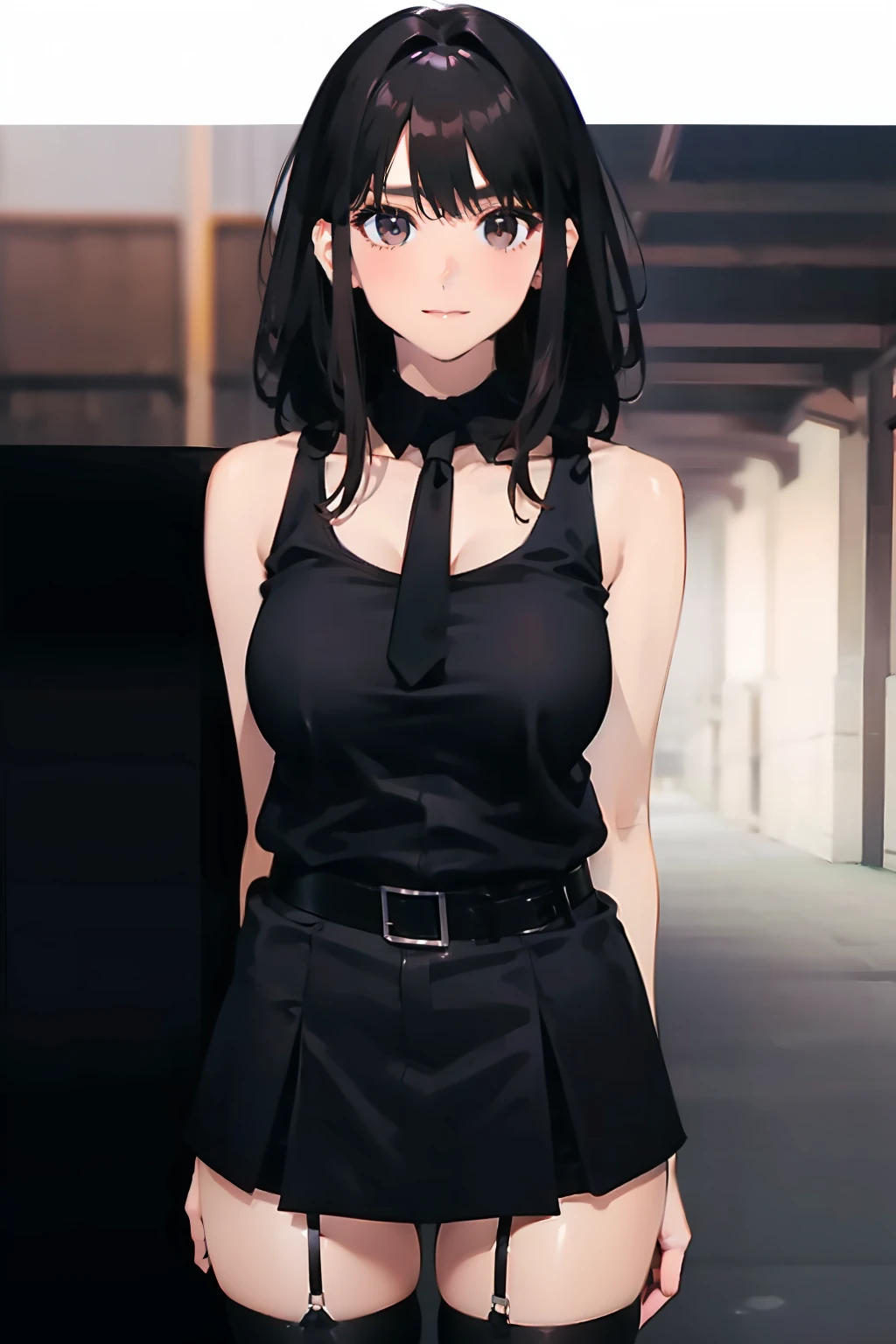 a black skirt neck tie Black tank top Brown hair long Gray eyes holster Garter belt on the legs large full breasts hands above your head Colossal tits Pichi Pichi clothes both sides