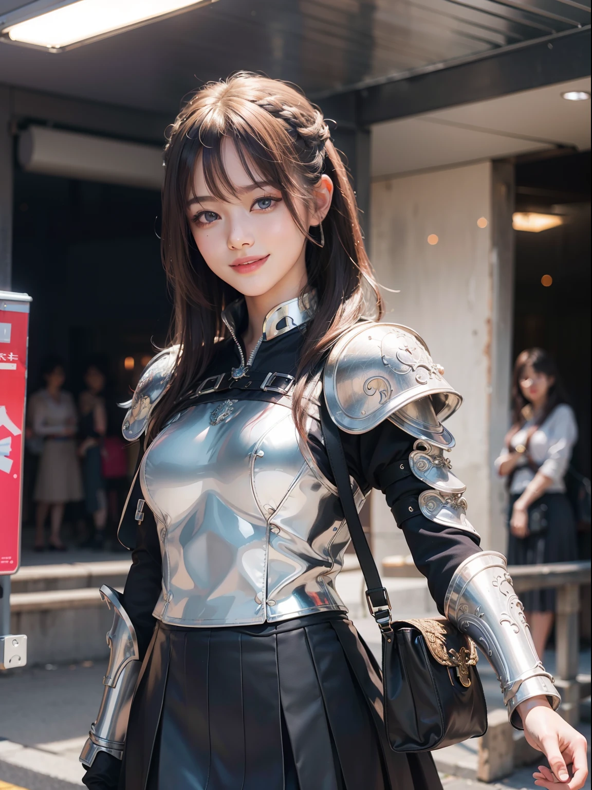 Masterpiece, 1 Beautiful Girl, Detailed, Swollen Eyes, Top Quality, Ultra High Resolution, (Reality: 1.4), Original Photo, 1Girl, Cinematic Lighting, Smiling, Japanese, Asian Beauty, Korean, Clean, Super Beautiful, Little Young Face, Beautiful Skin, Slender, Cyberpunk Background, (ultra realistic), (high resolution), (8K), (very detailed), (best illustration), (beautifully detailed eyes), (super detailed), (wallpaper), (detailed face), viewer looking, fine detail, detailed face, pureerosfaceace_v1, smiling, 46 point slanted bangs, looking straight ahead, neat clothes, black colored eyes, silver armor, armor, short navy blue skirt, hair color red, body facing front,
