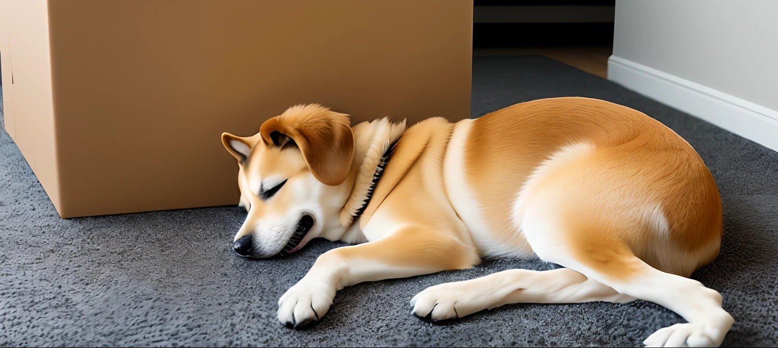 There was a dog lying in a box on the floor, very perfect position, dog sleeping, passed out, Shiba dog, taken with a Sony A7R camera, Help me, o cachorrinho, taken with sony alpha 9, very very very realistic, small bed not made, high quality upload, shibu inu, Very realistic, very artistic poses
