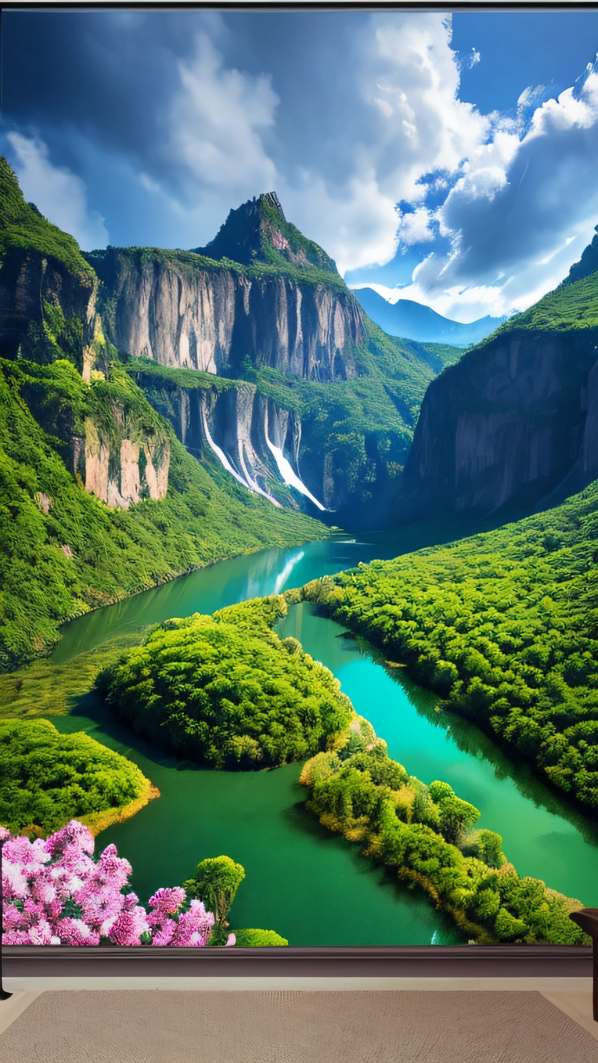 Masterpiece, ultimate quality, Cg unity 8k wallpaper, super delicate, beautiful sky and clouds, rich natural scenery, cliffs, lakes and rivers, waterfalls and flying water, beautiful green mountains, no trace of people, excellent scenery, has already won a photo contest, background Blurring, full depth of field, HDR high dynamics, true restoration, intricate, extreme details, dramatic presentation, perfectly presenting the style of midjourney art.